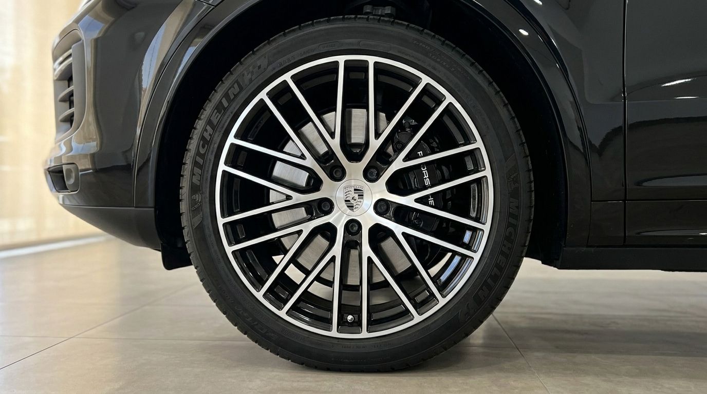 The front wheel of a black Porsche Cayenne, showcasing its distinctive alloy rim and brake caliper, available for rent in Alicante.