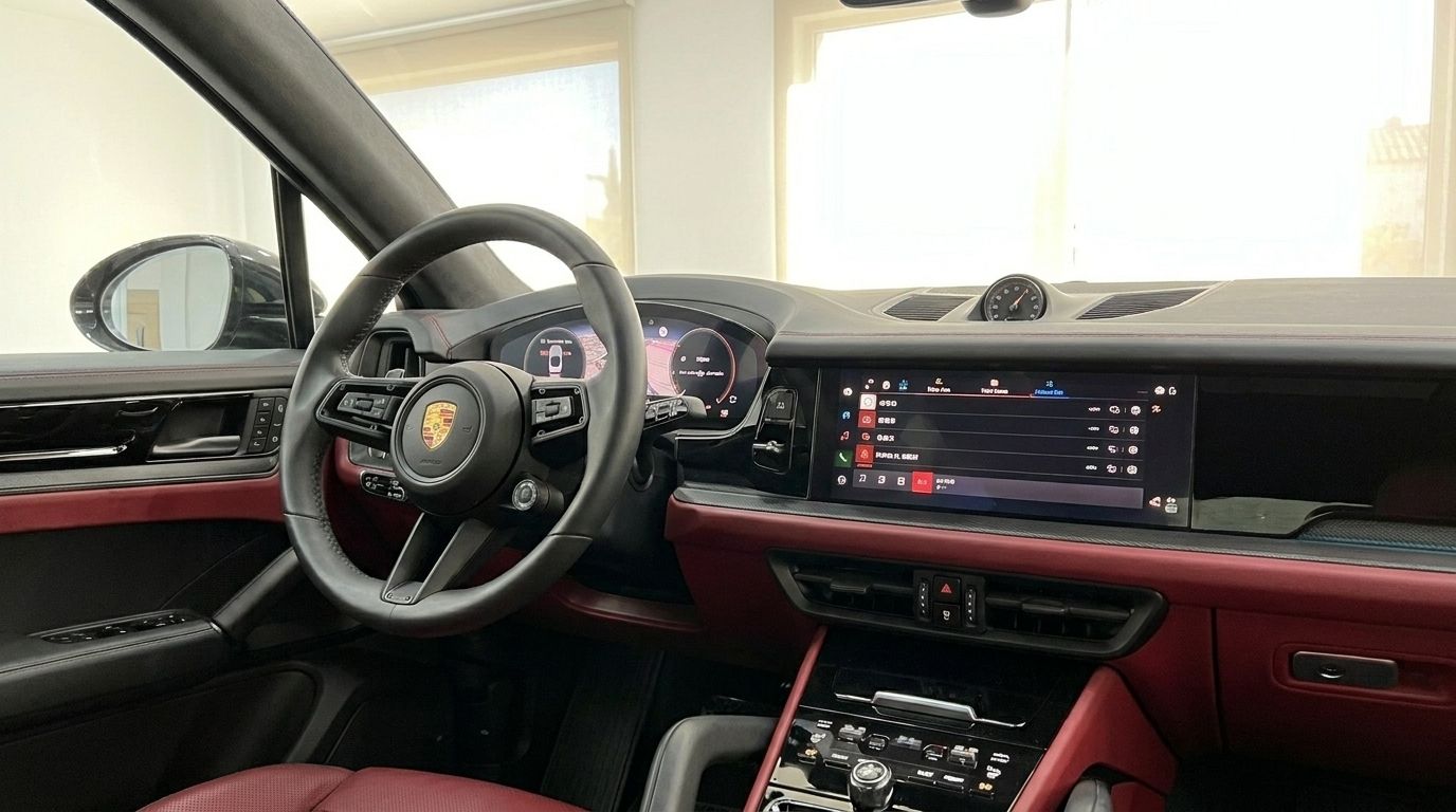 Luxurious interior of the Porsche Cayenne in Alicante, featuring the steering wheel, digital dashboard, and infotainment screen with red trim.
