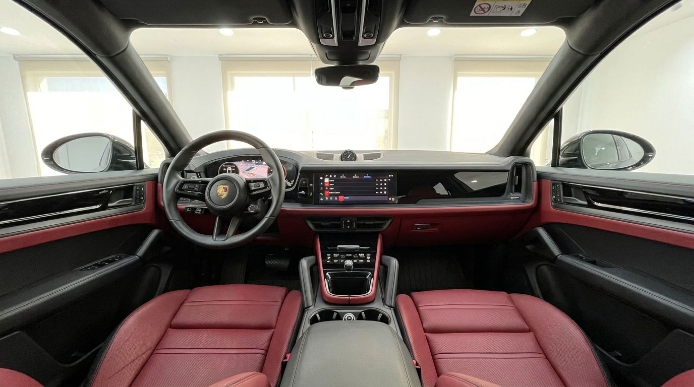 The luxurious red and black interior of the Porsche Cayenne, showcasing the dashboard, steering wheel, and front seats in Alicante.