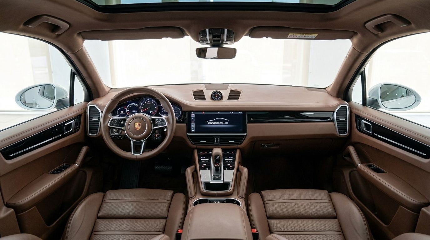 The luxurious brown leather interior of the Porsche Cayenne cockpit, featuring the dashboard, steering wheel, and infotainment screen in Alicante.