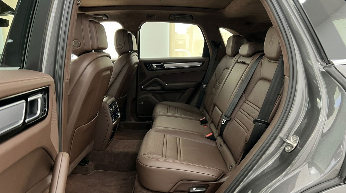 View of the luxurious brown leather rear seats and interior of the Porsche Cayenne in Alicante.