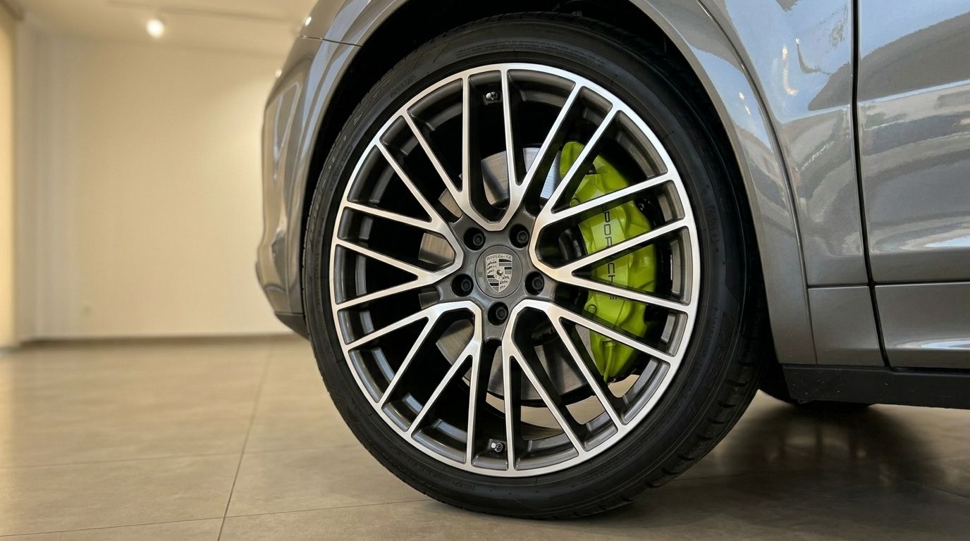 The front wheel of a Porsche Cayenne in gloss metallic Quarzite Grey Metallic, showcasing its distinctive multi-spoke rim and bright green brake calipers in Mallorca.