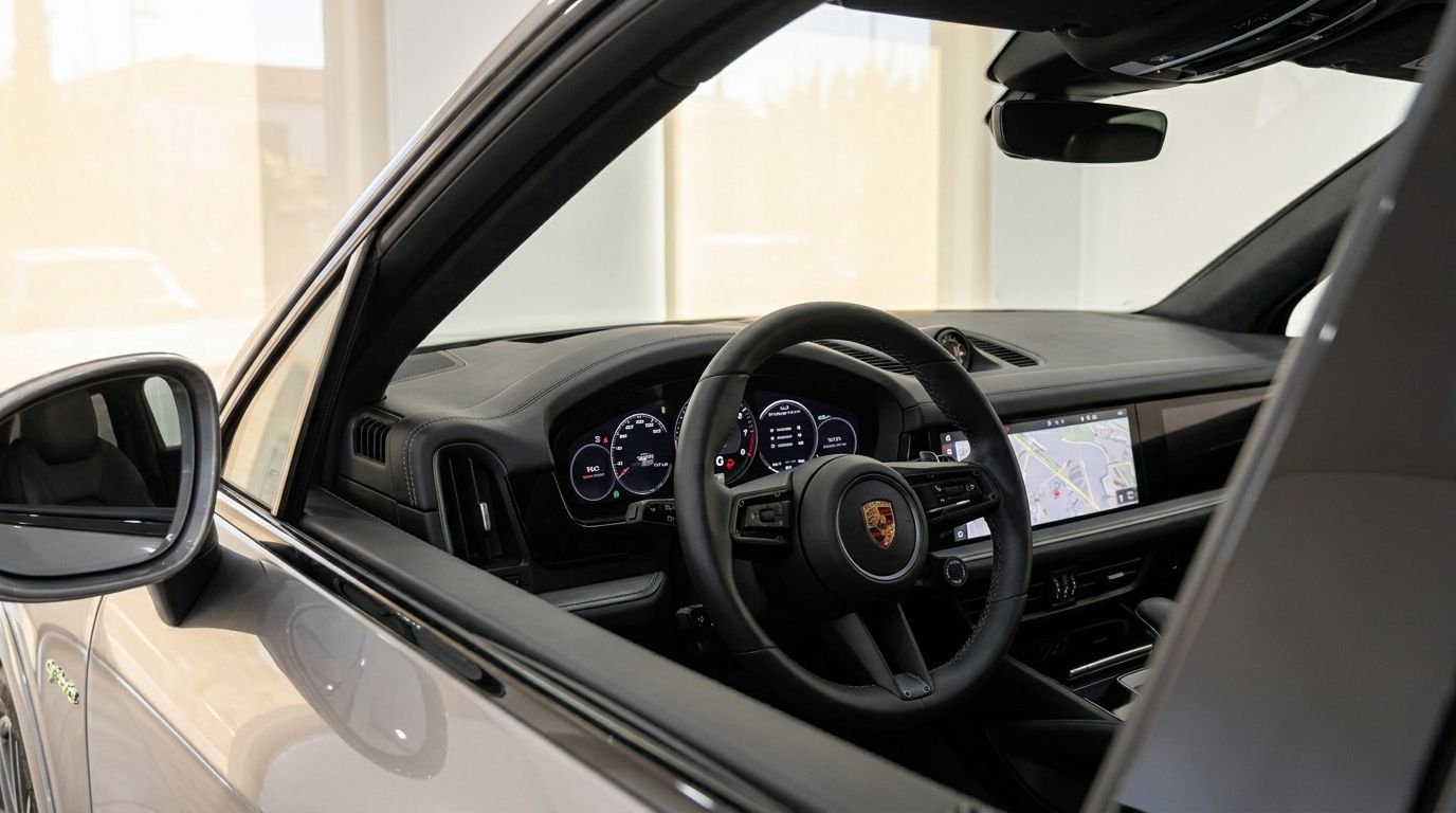 The luxurious interior of the 2024 Porsche Cayenne in Mallorca, featuring its modern steering wheel, digital dashboard, and infotainment screen.