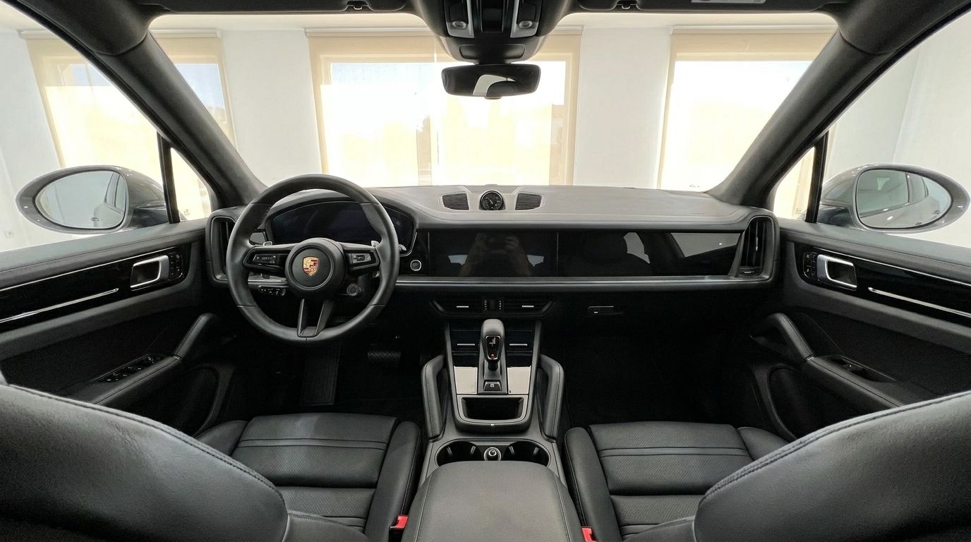 The luxurious black leather interior of the 2024 Porsche Cayenne, showcasing its dashboard, steering wheel, and central console in Mallorca.