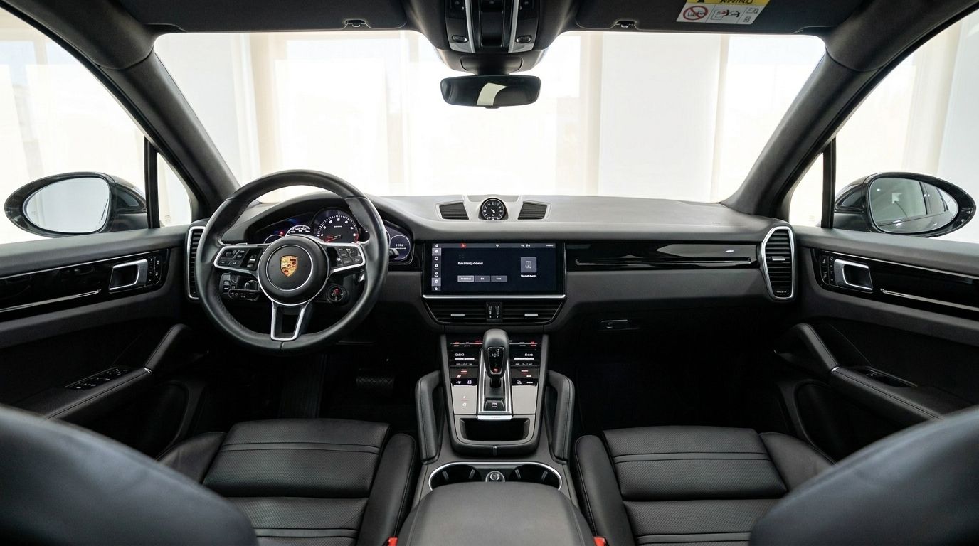 The interior of the Porsche Cayenne in Alicante, showcasing the luxurious black leather seats, steering wheel, and central dashboard with infotainment screen.