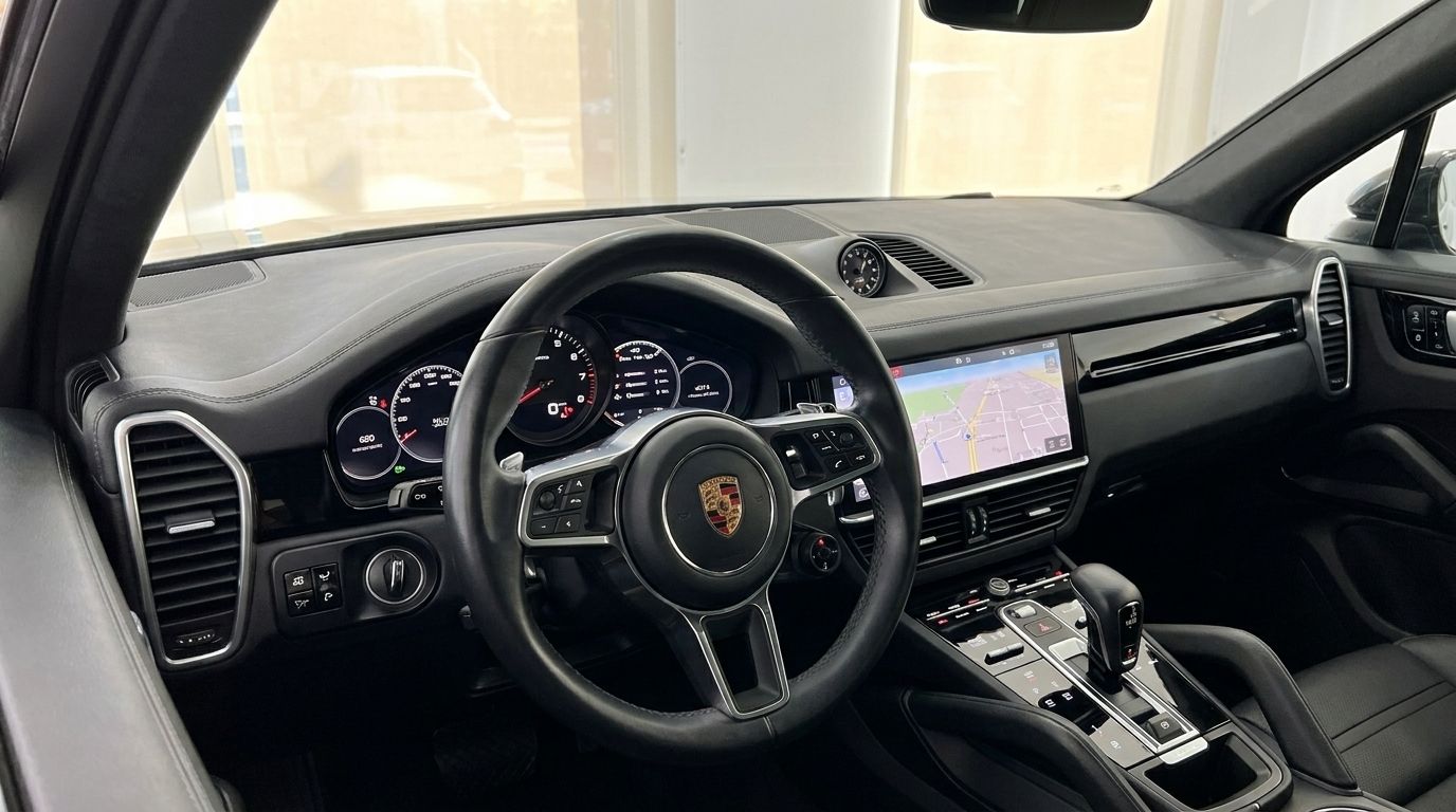 Porsche Cayenne interior, showcasing the steering wheel, digital dashboard, infotainment screen, and center console in Alicante.