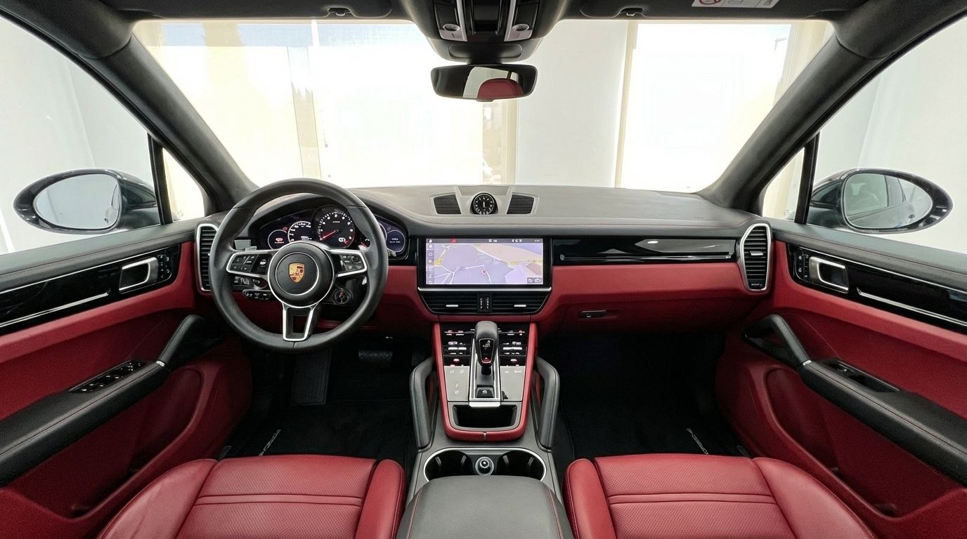 The luxurious red leather interior of the Porsche Cayenne in Barcelona, showcasing the dashboard, steering wheel, and central infotainment screen.