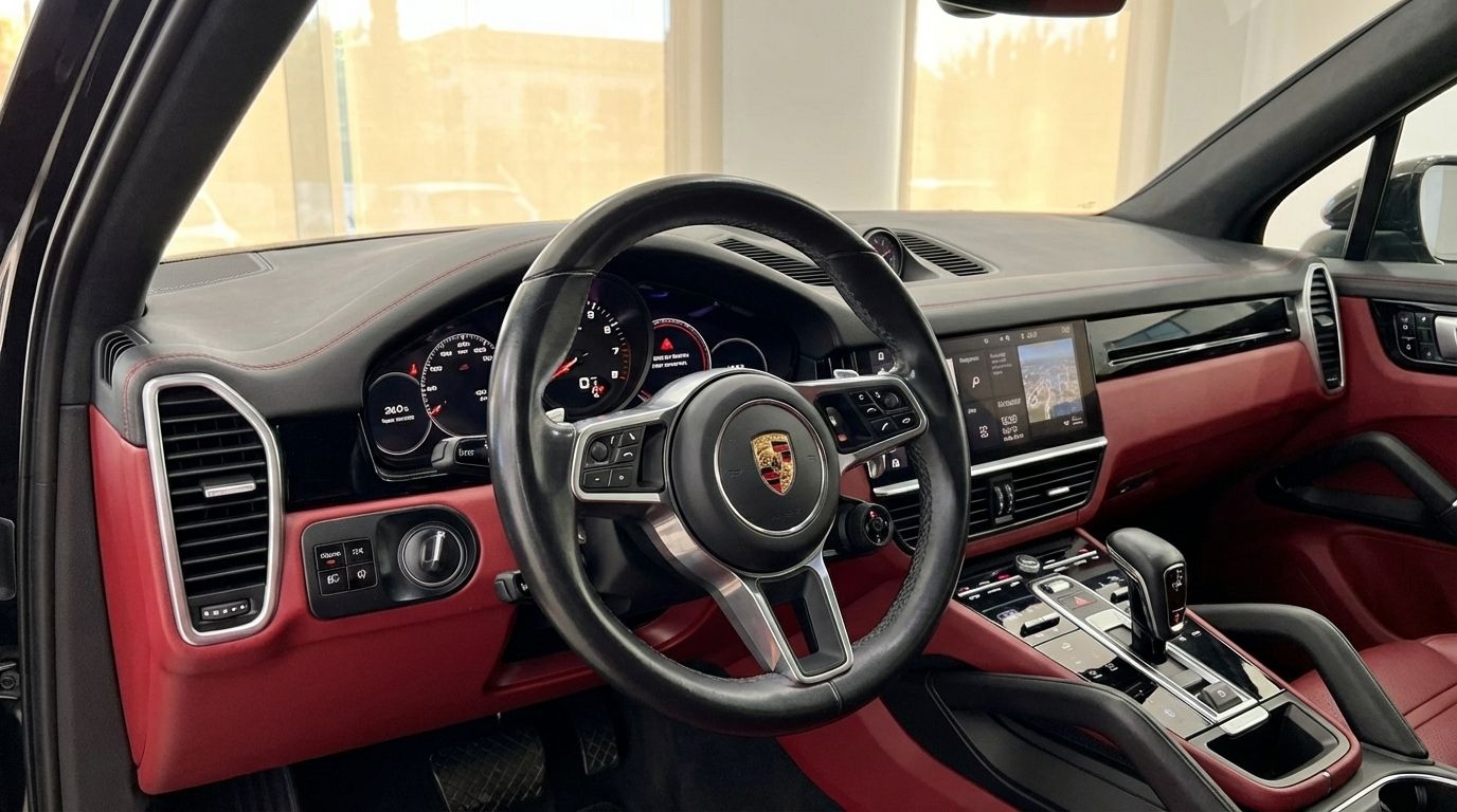 The luxurious red and black interior of the Porsche Cayenne, showcasing the steering wheel and dashboard in Barcelona.