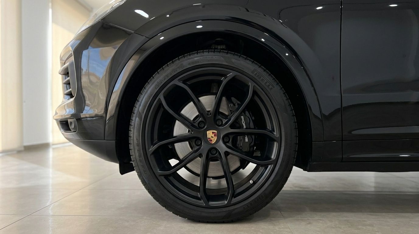 A close-up of the black Porsche Cayenne's front wheel with a black multi-spoke rim and part of the front bumper in Alicante.