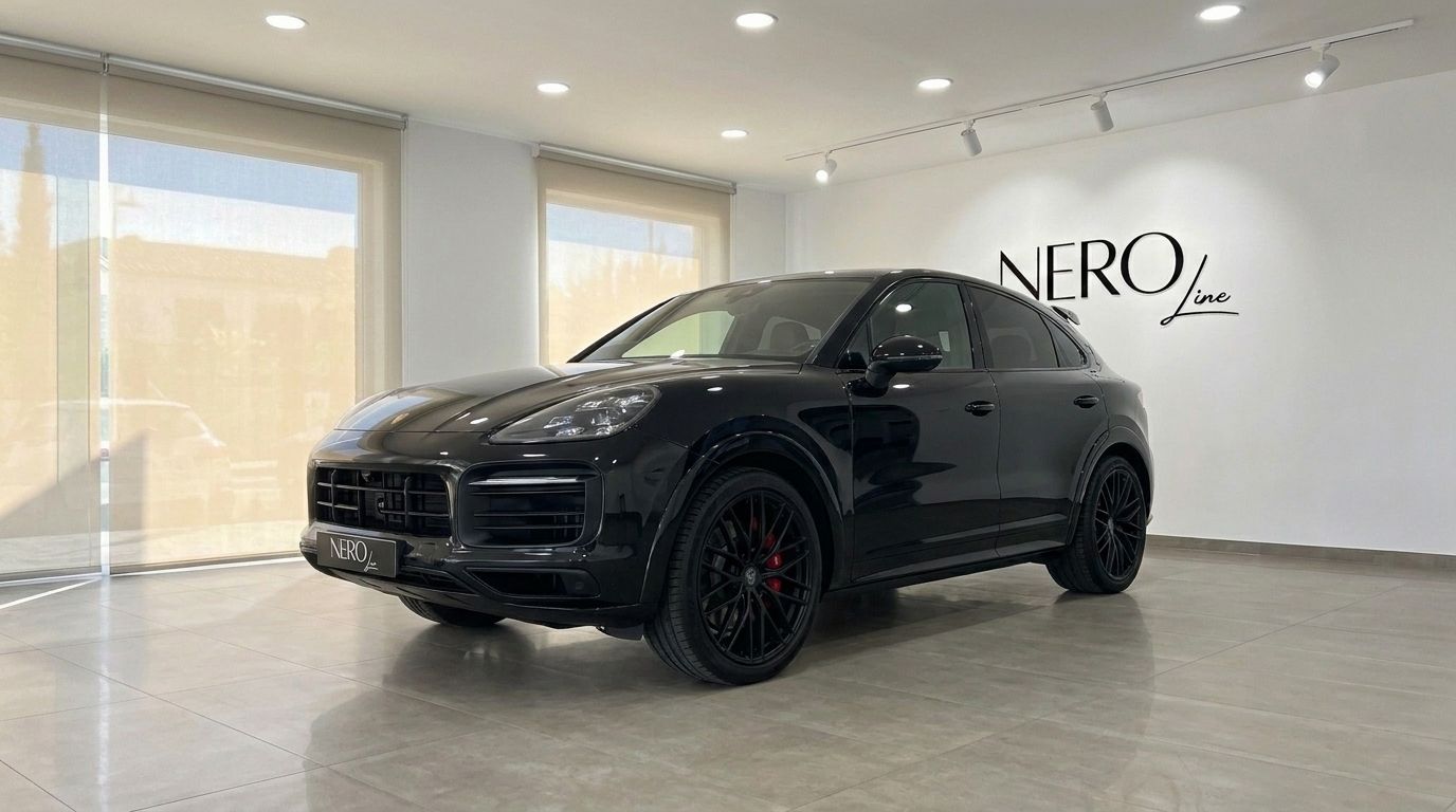 A sleek gloss black 2026 Porsche Cayenne GTS is prominently displayed from a front three-quarter view in a modern showroom in Alicante.