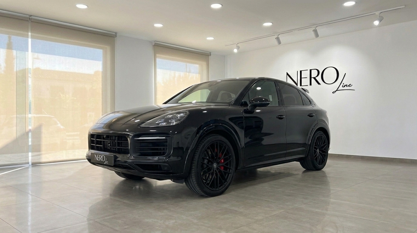 Porsche Cayenne GTS — Showroom en Alicante Un elegante Porsche Cayenne GTS 2026 negro brillante se exhibe prominentemente desde una vista frontal tres cuartos en un moderno showroom en Alicante.