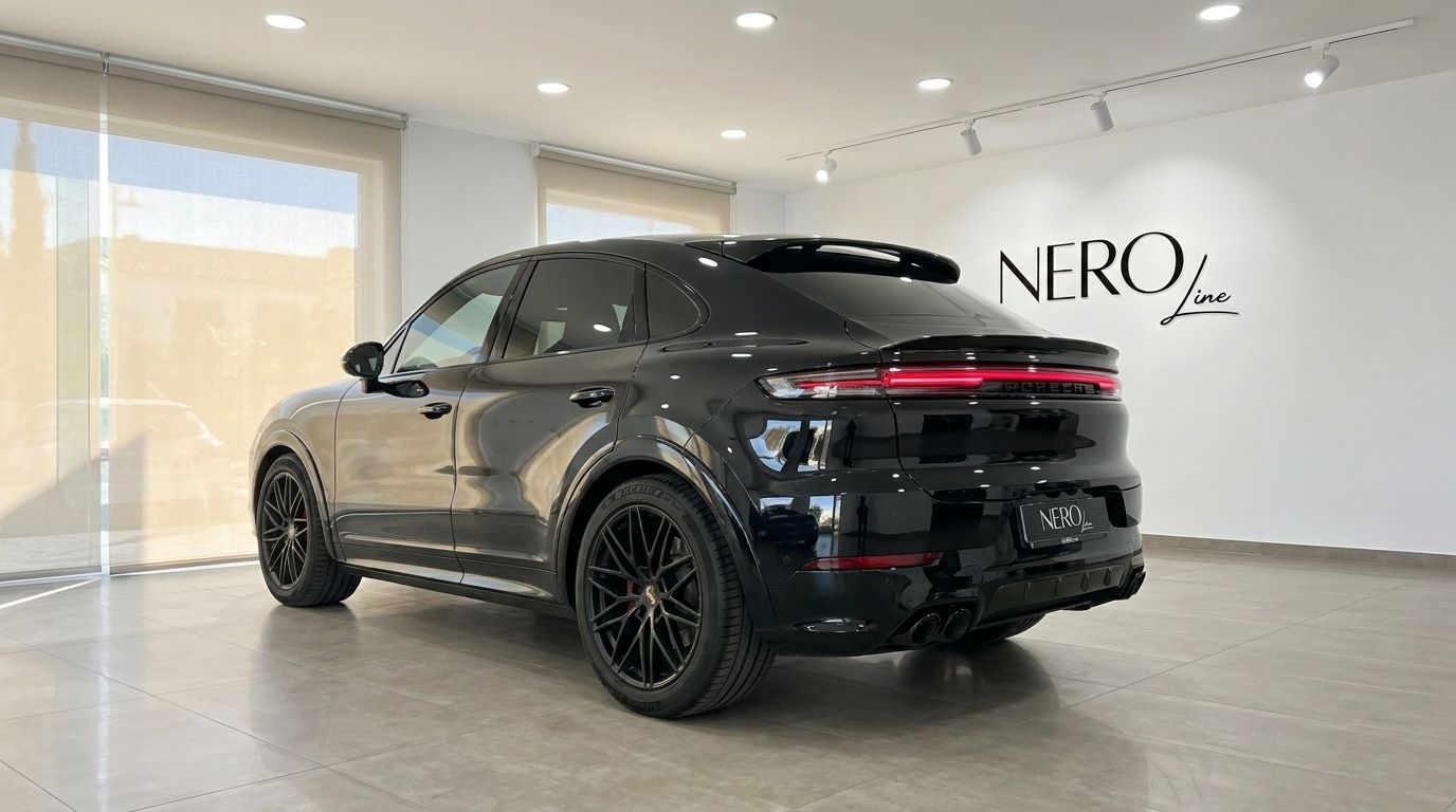 El Porsche Cayenne GTS negro se muestra desde un ángulo trasero tres cuartos en una luminosa sala de exposiciones en Alicante, destacando su diseño elegante.