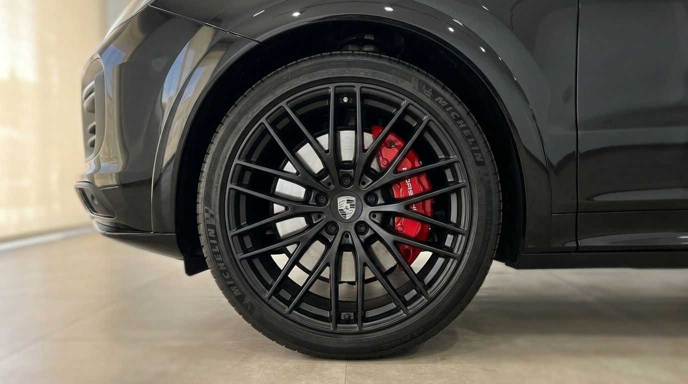 La rueda delantera de un Porsche Cayenne GTS negro, con llanta negra multirradio y pinzas de freno rojas vibrantes, en Alicante.