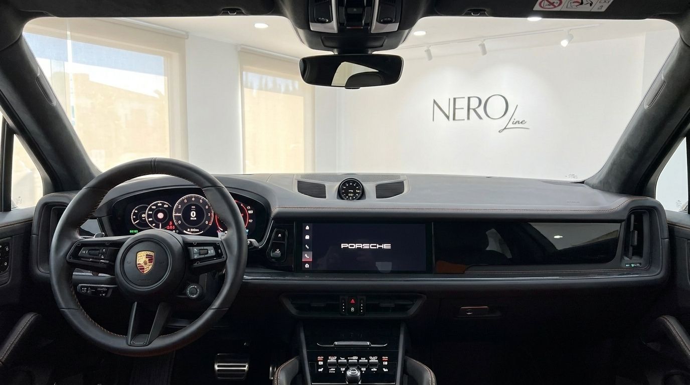 El lujoso salpicadero interior y volante del Porsche Cayenne GTS, con pantalla central y reloj analógico, en Alicante.