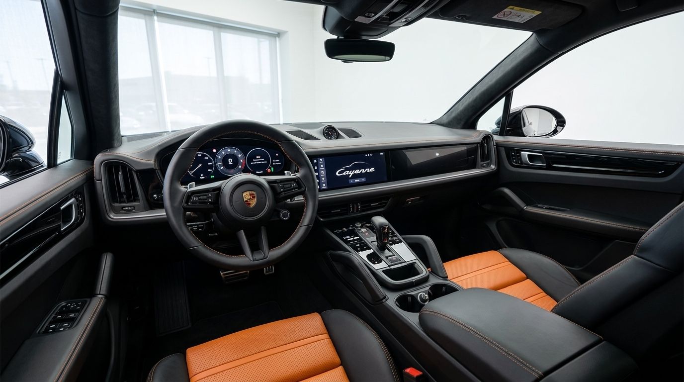 Interior del Porsche Cayenne GTS en Alicante, mostrando volante, pantallas digitales y asientos de cuero negro y naranja.