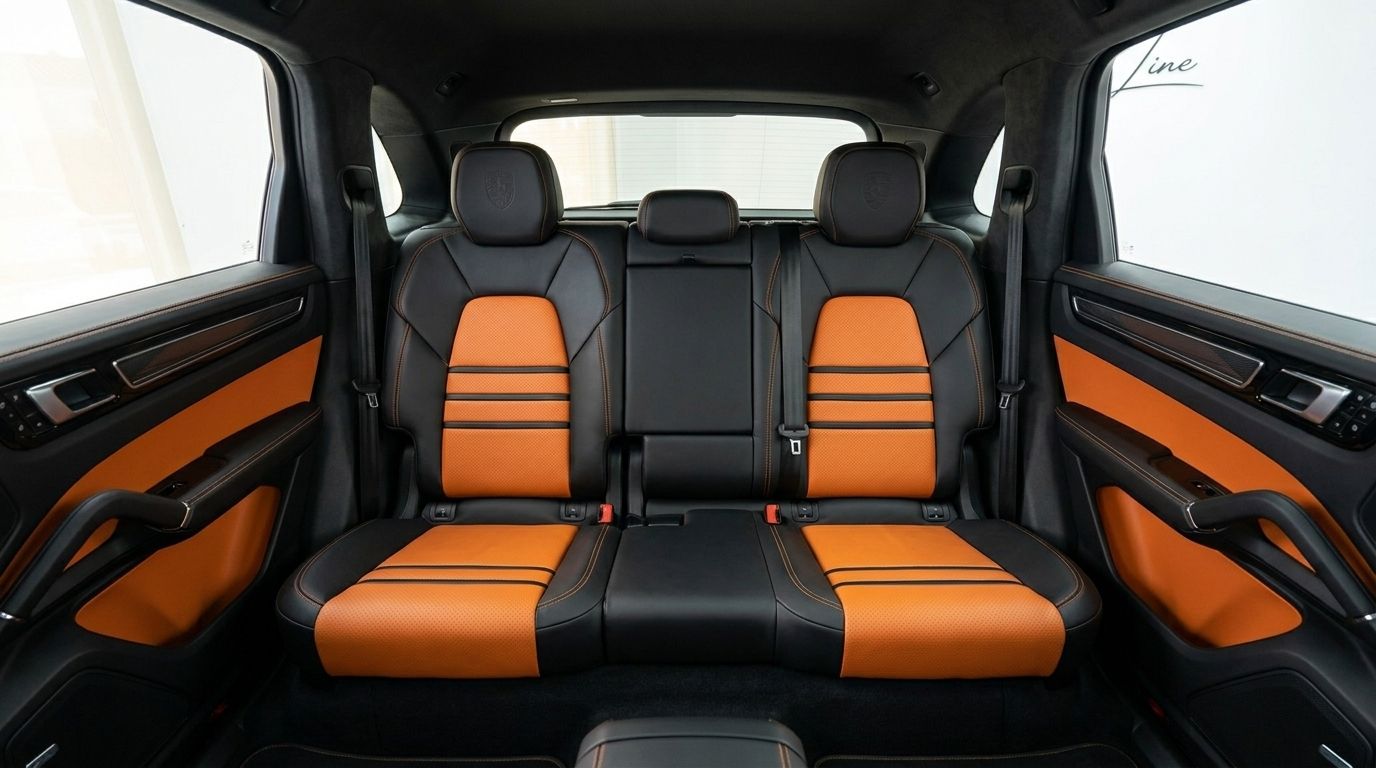El interior trasero del Porsche Cayenne GTS en Alicante, mostrando sus llamativos asientos y paneles de puerta de cuero negro y naranja.