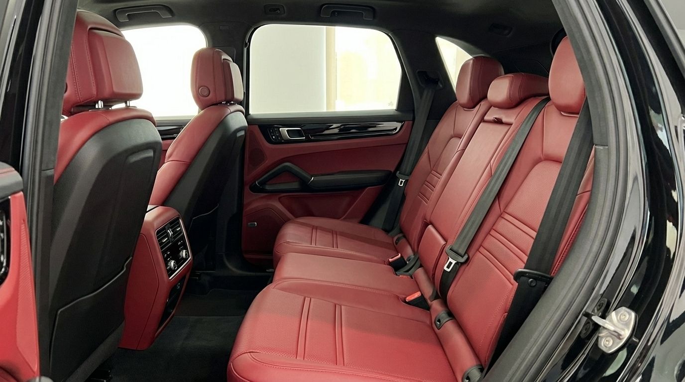 The luxurious red leather rear interior seats of the 2022 Porsche Cayenne, available for rent in Barcelona, are clearly visible.