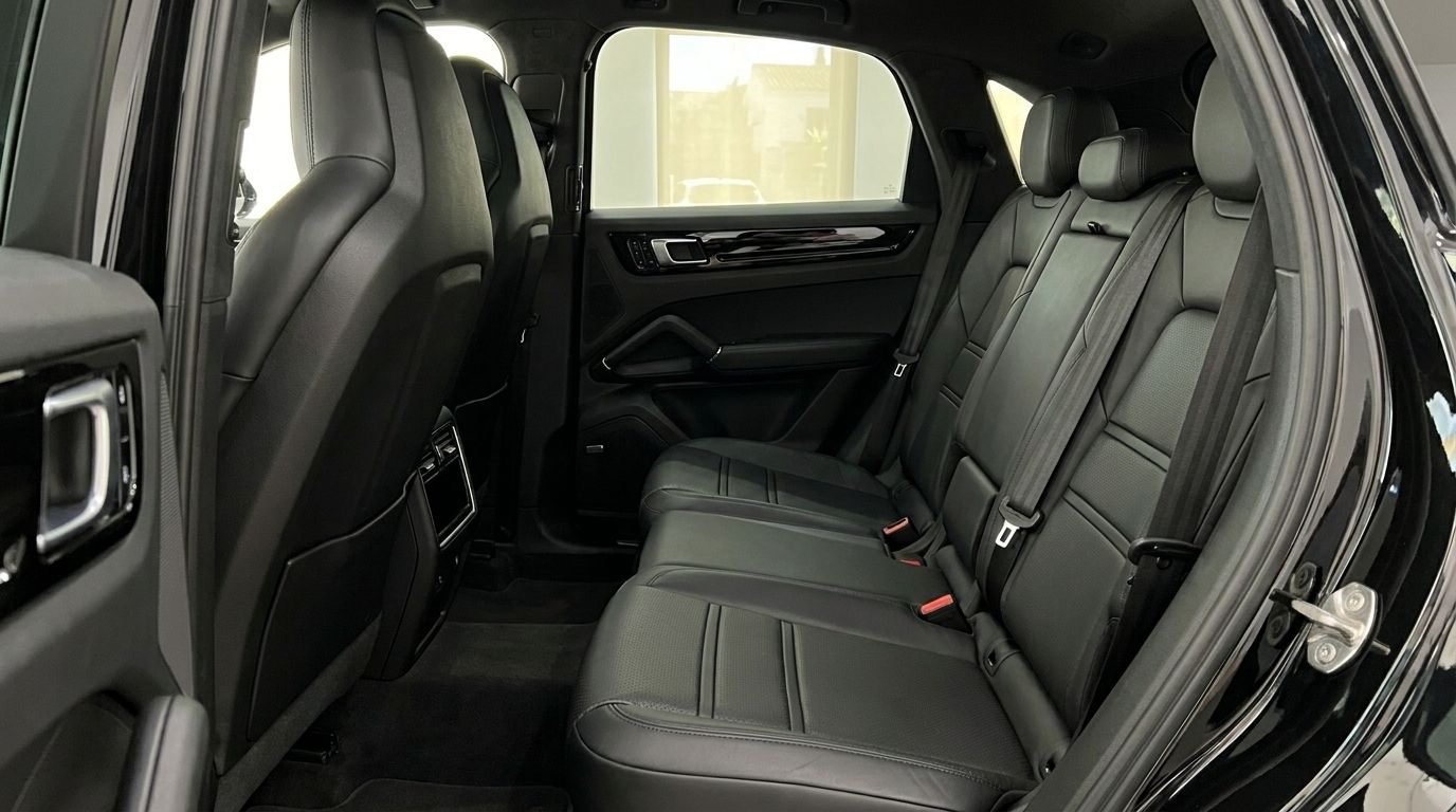 The luxurious black leather rear seats and interior of the Porsche Cayenne in Alicante, offering premium comfort.