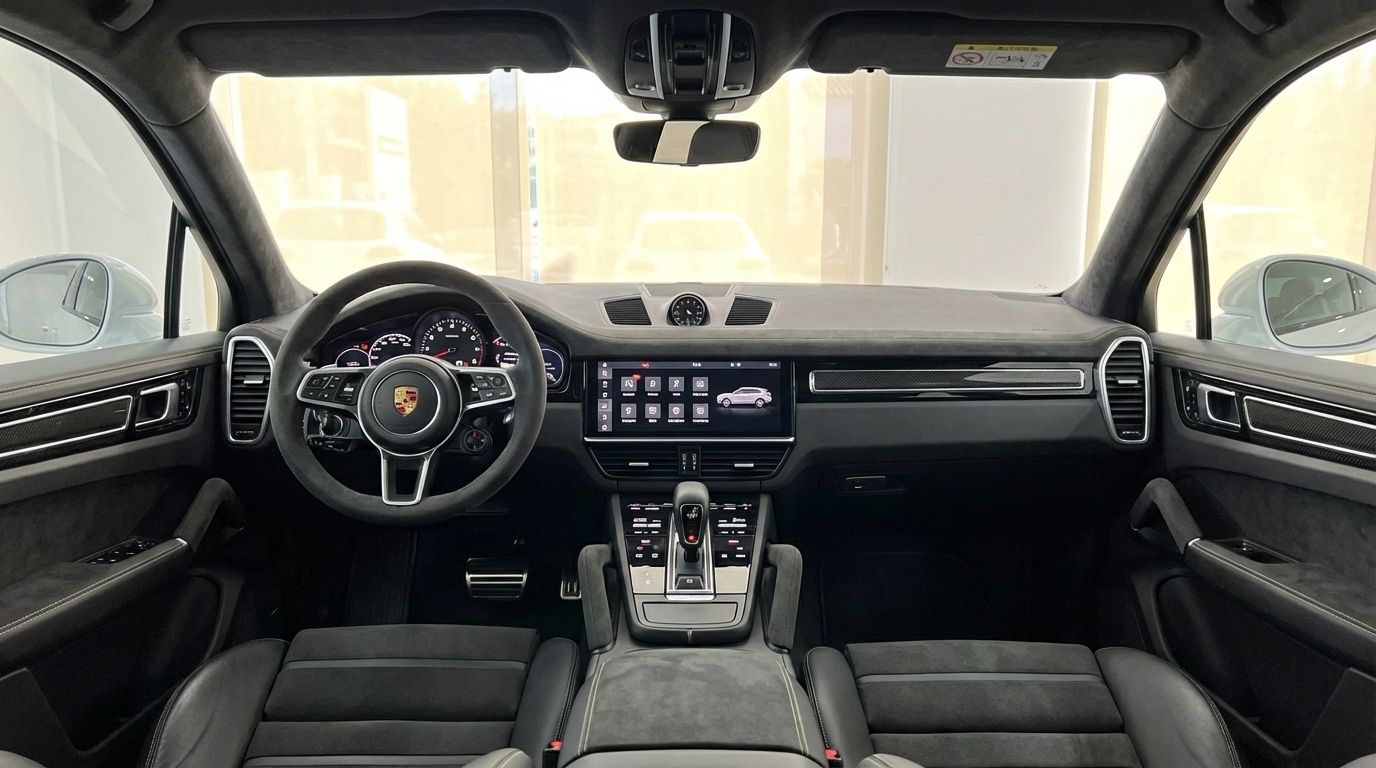 The luxurious interior of the Porsche Cayenne Turbo GT in Valencia, featuring the steering wheel, dashboard, and infotainment system.