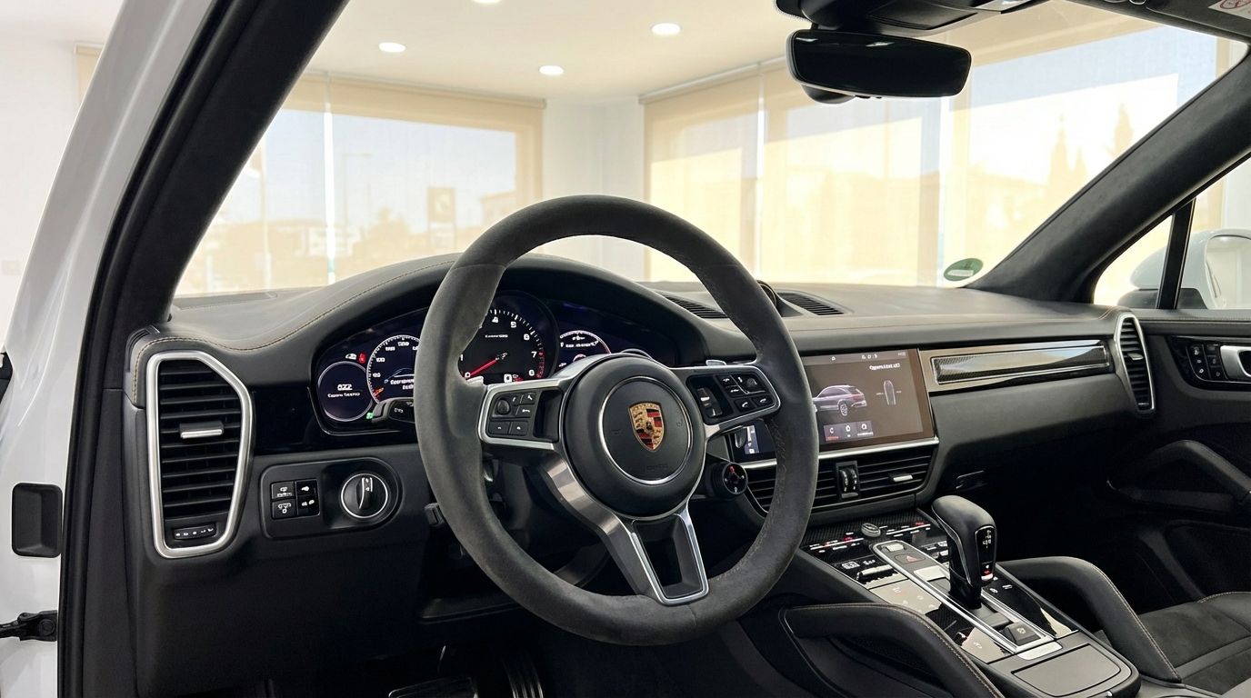 The luxurious interior of the Porsche Cayenne Turbo GT in Valencia, featuring its sporty steering wheel, digital dashboard, and central console.