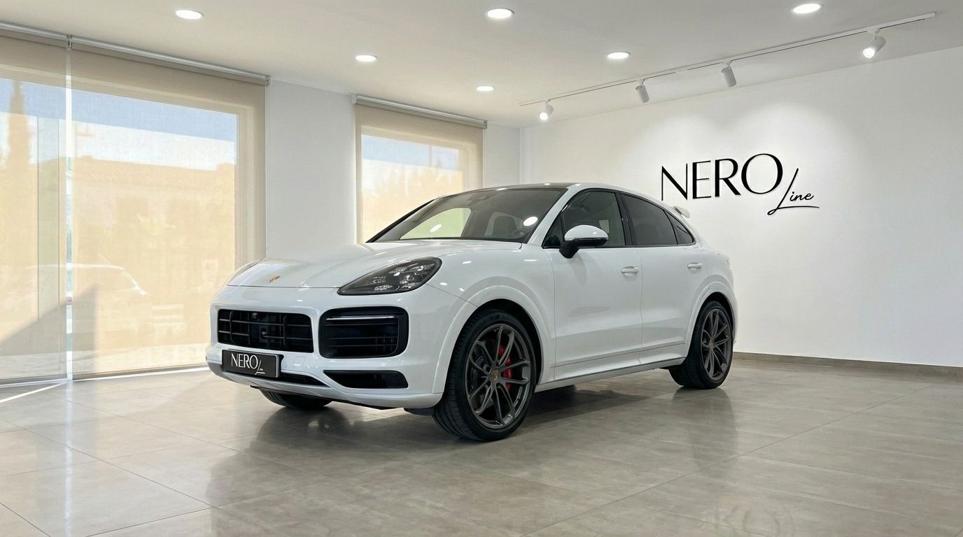 The white 2021 Porsche Cayenne Turbo GT is showcased from a front three-quarter angle in a bright Valencia showroom.