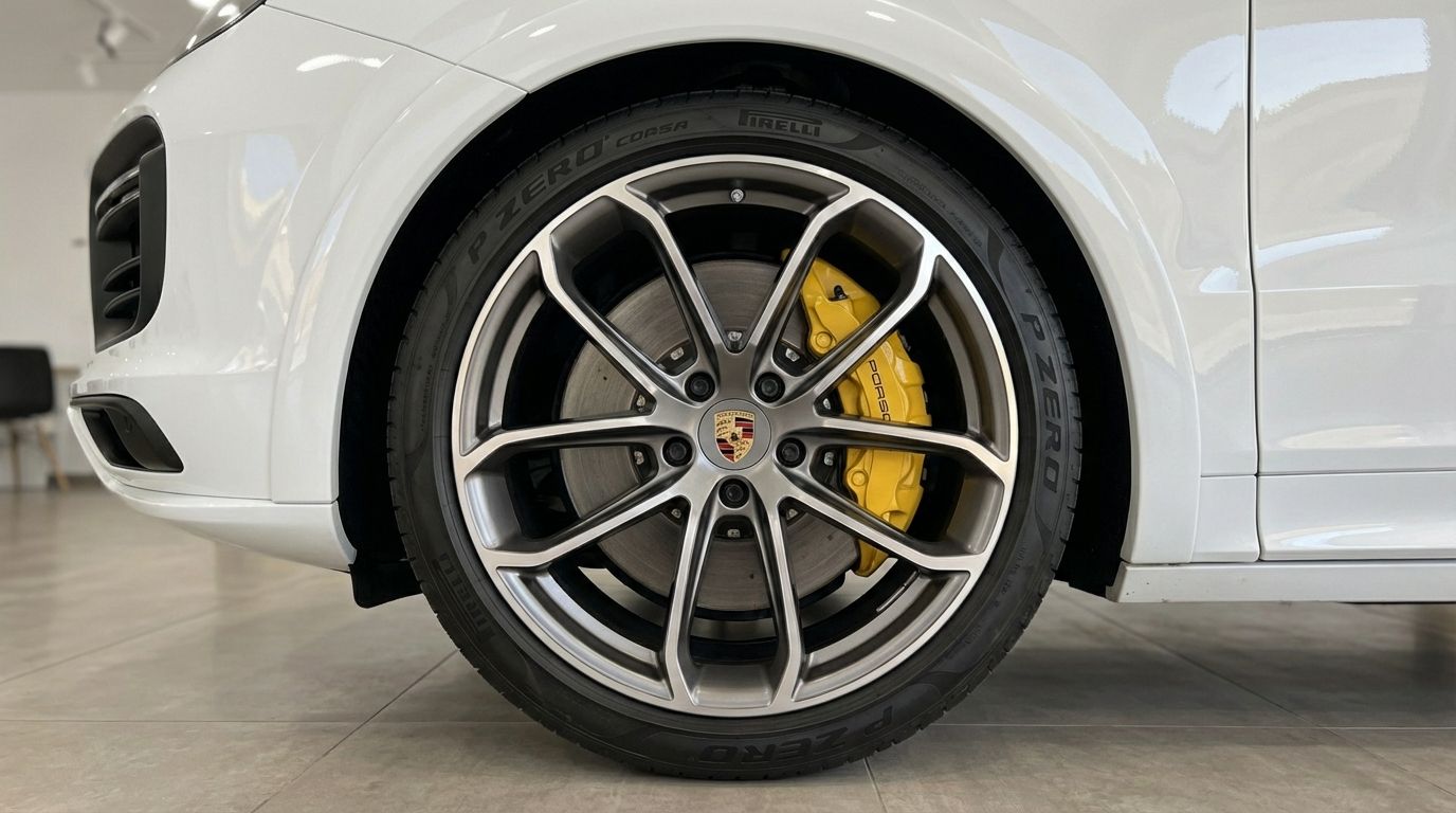 The front wheel of a white Porsche Cayenne Turbo GT, showcasing its grey alloy rim and bright yellow brake calipers, in Valencia.