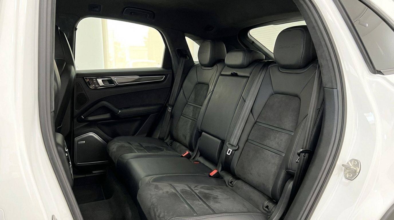 The luxurious black leather and Alcantara rear seats of the Porsche Cayenne Turbo GT are visible in Valencia.