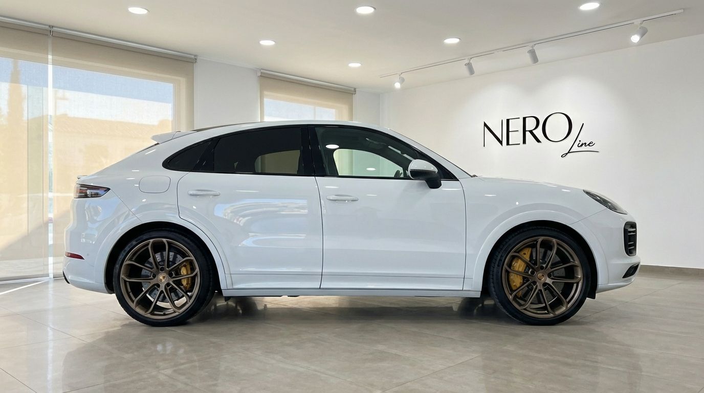 A white 2021 Porsche Cayenne Turbo GT, showcasing its sleek side profile and bronze wheels, parked in a showroom in Valencia.