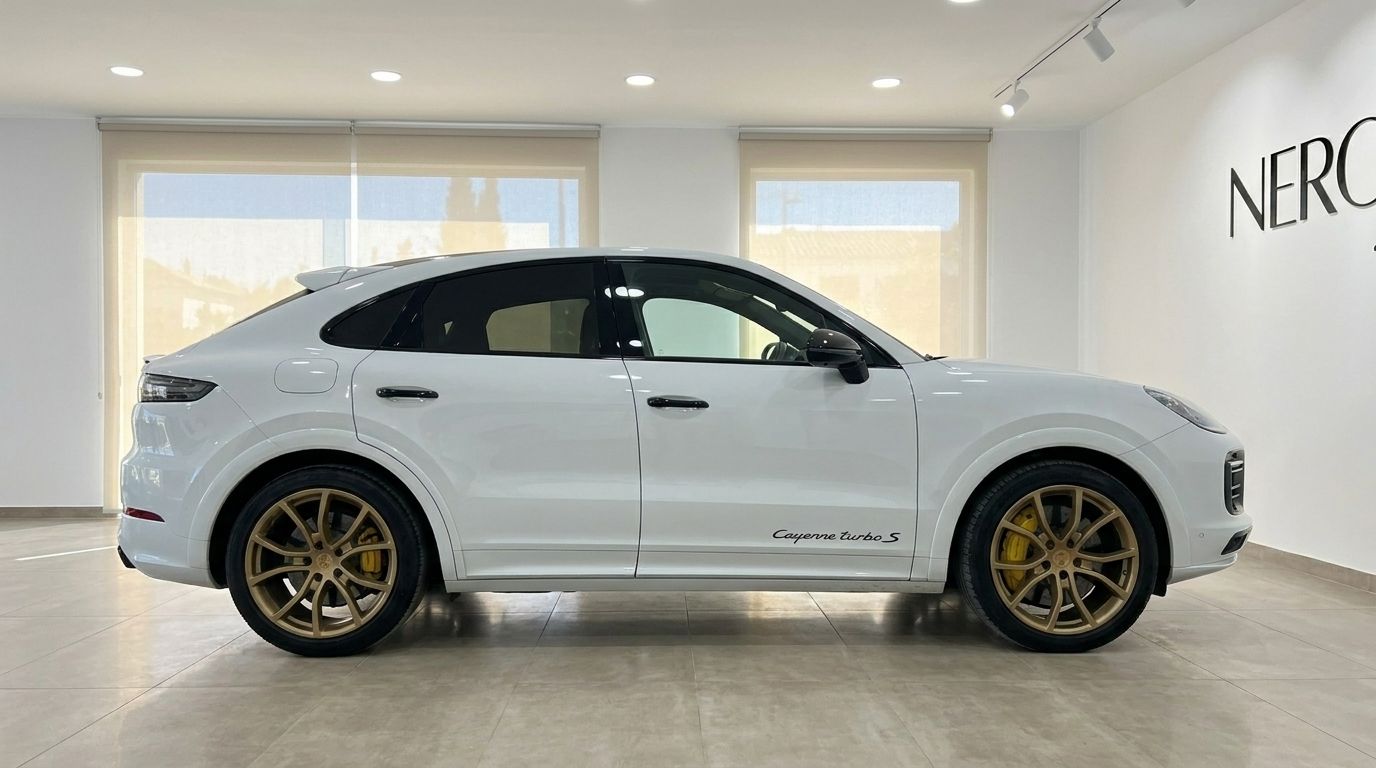 The white 2026 Porsche Cayenne Turbo S E-Hybrid is shown in a side profile view with gold wheels in Alicante.