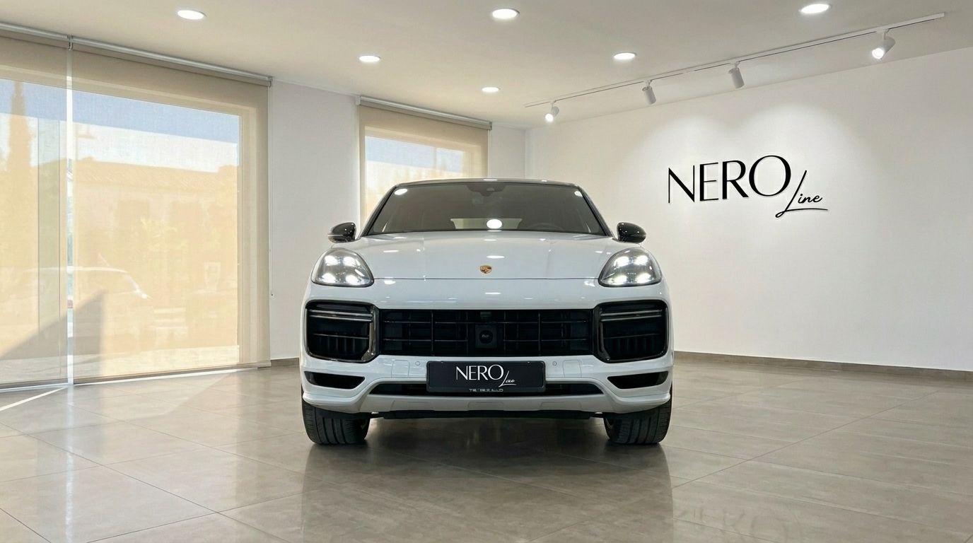 The white Porsche Cayenne Turbo S E-Hybrid is prominently displayed from the front in a modern showroom in Alicante.