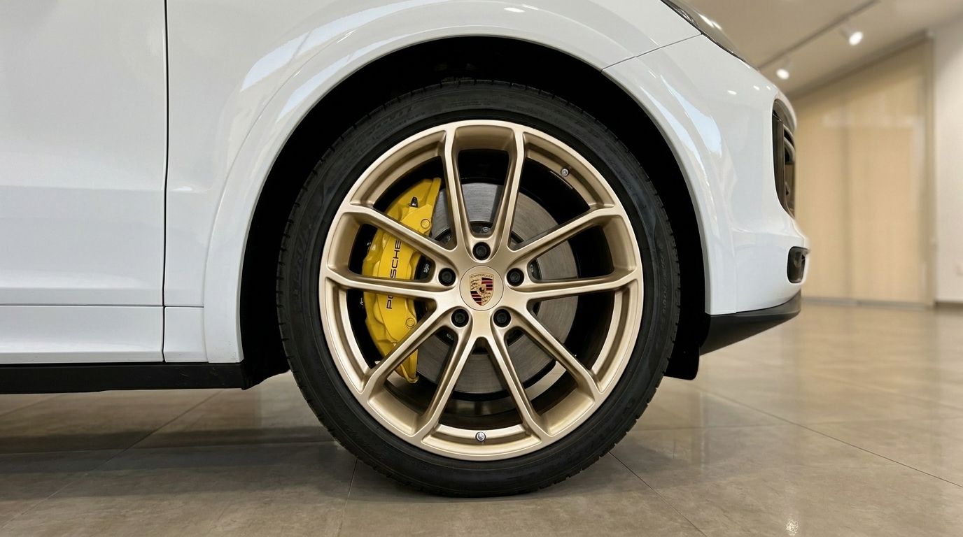 The front wheel of the Porsche Cayenne Turbo S E-Hybrid in Alicante, showcasing its gold rim and distinctive yellow brake calipers.