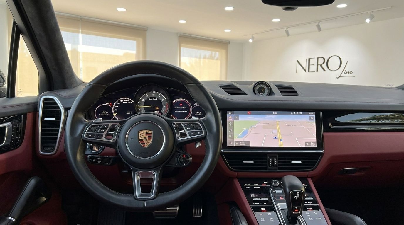 The luxurious interior of the Porsche Cayenne Turbo S E-Hybrid features a prominent steering wheel, digital dashboard, and infotainment screen in Alicante.