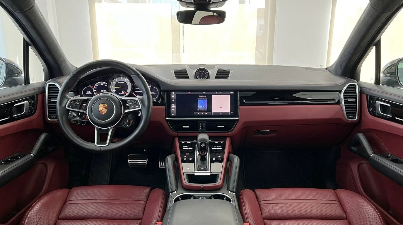 The luxurious red leather interior of the Porsche Cayenne Turbo S E-Hybrid, showcasing the dashboard and steering wheel in Alicante.