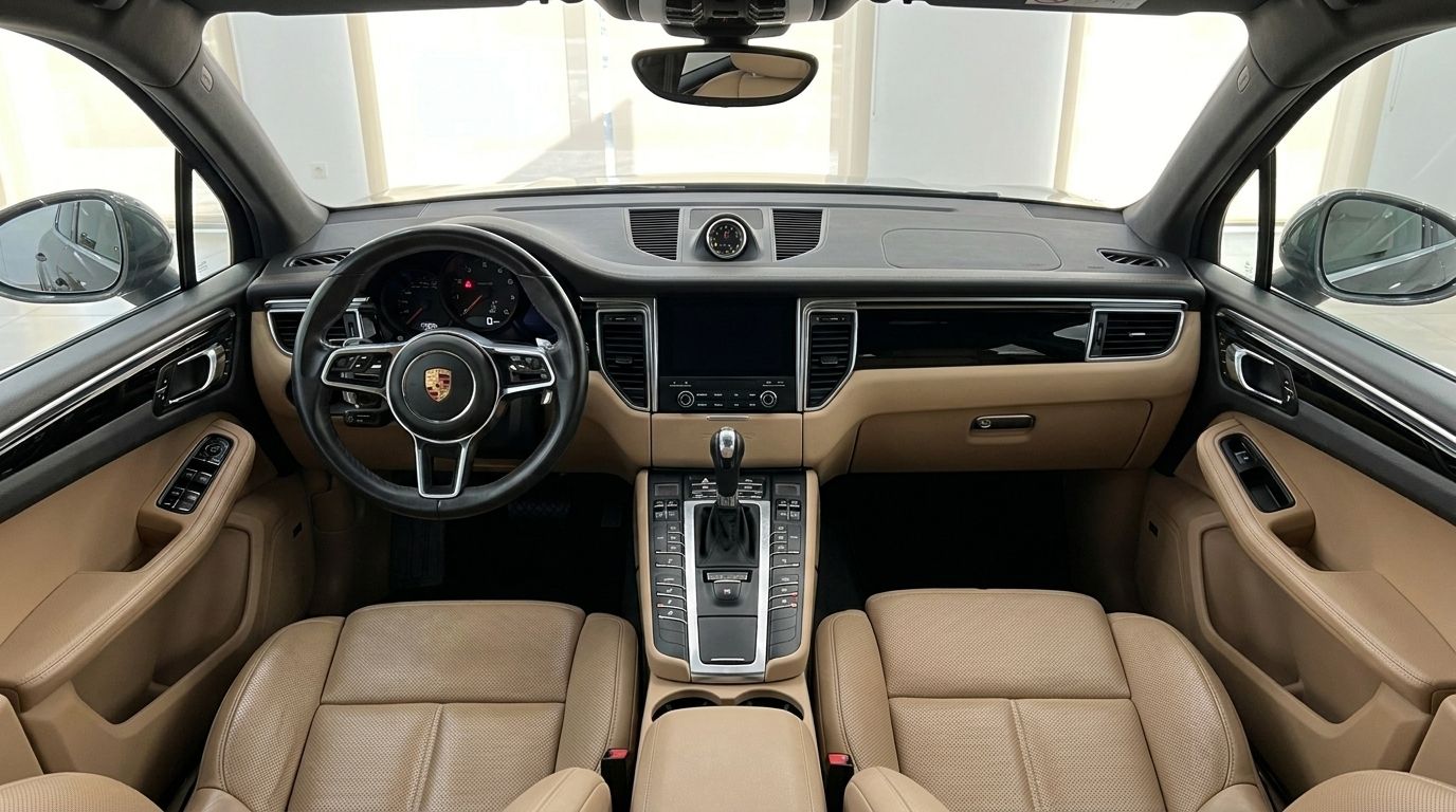 The luxurious interior of the Porsche Macan 2.0 Turbo in Alicante, featuring a detailed view of the dashboard, steering wheel, and tan leather seats.