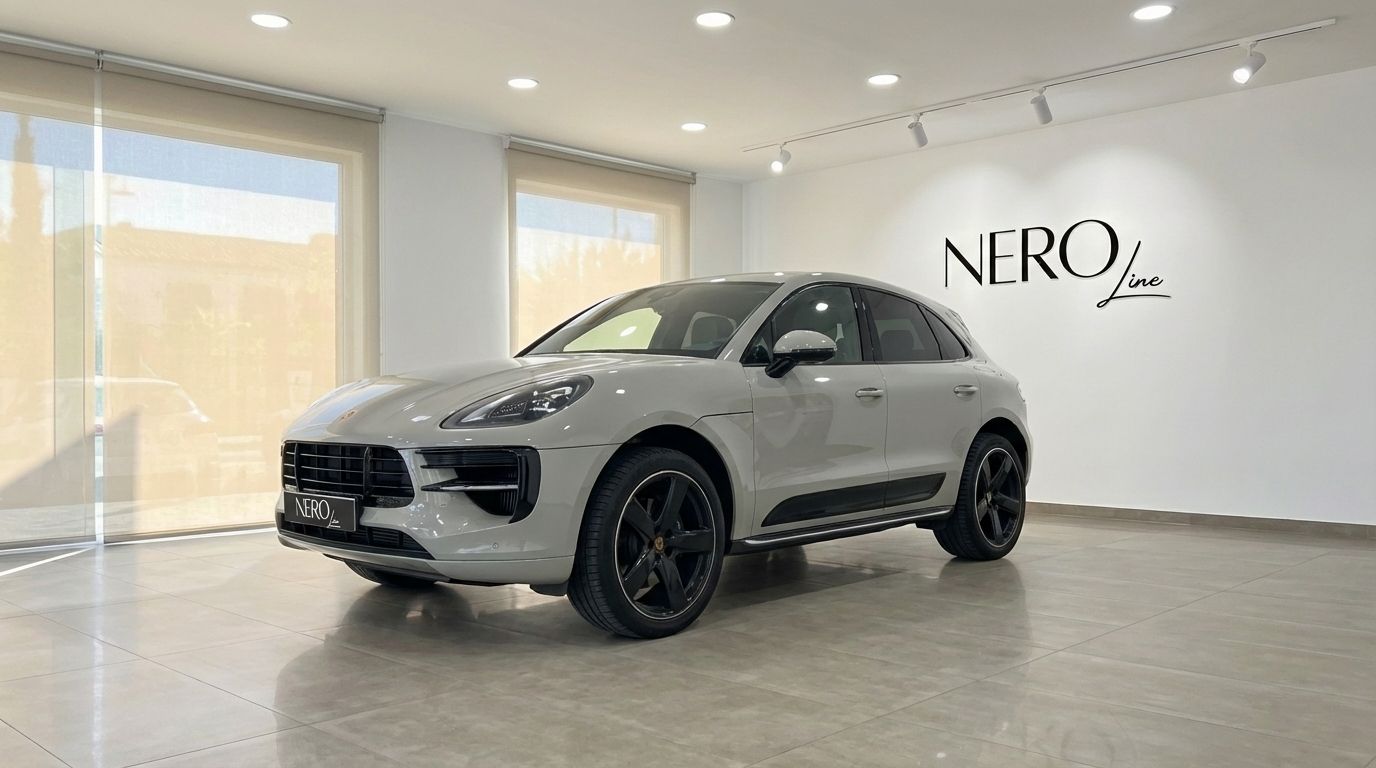 The light gray 2021 Porsche Macan S is showcased from a front three-quarter angle in a bright Alicante showroom.