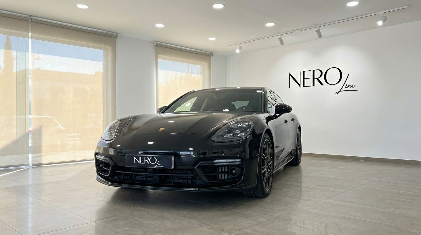 The black Porsche Panamera GTS is showcased from a front-three-quarter view in a bright showroom in Alicante.
