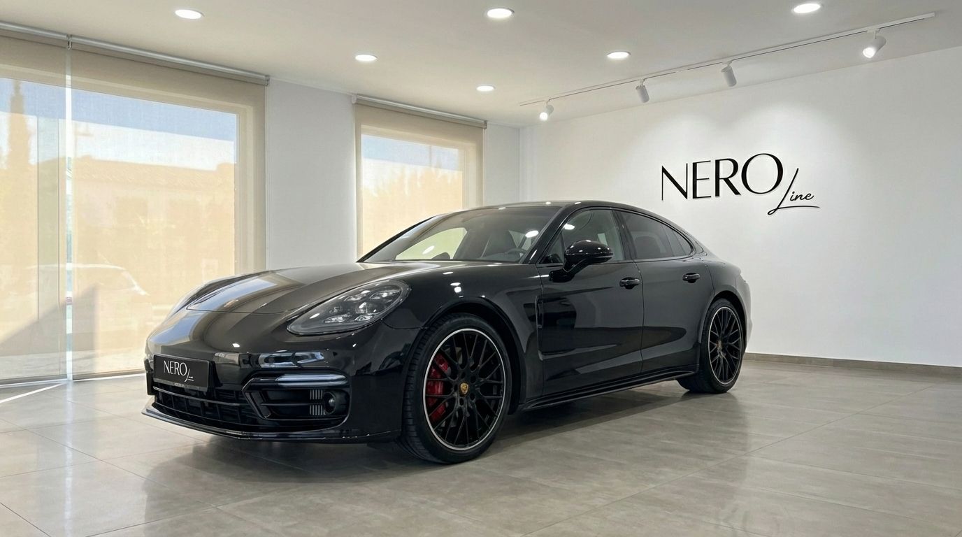 The black 2021 Porsche Panamera GTS is parked in a bright showroom in Alicante, showcasing its sleek front three-quarter view.