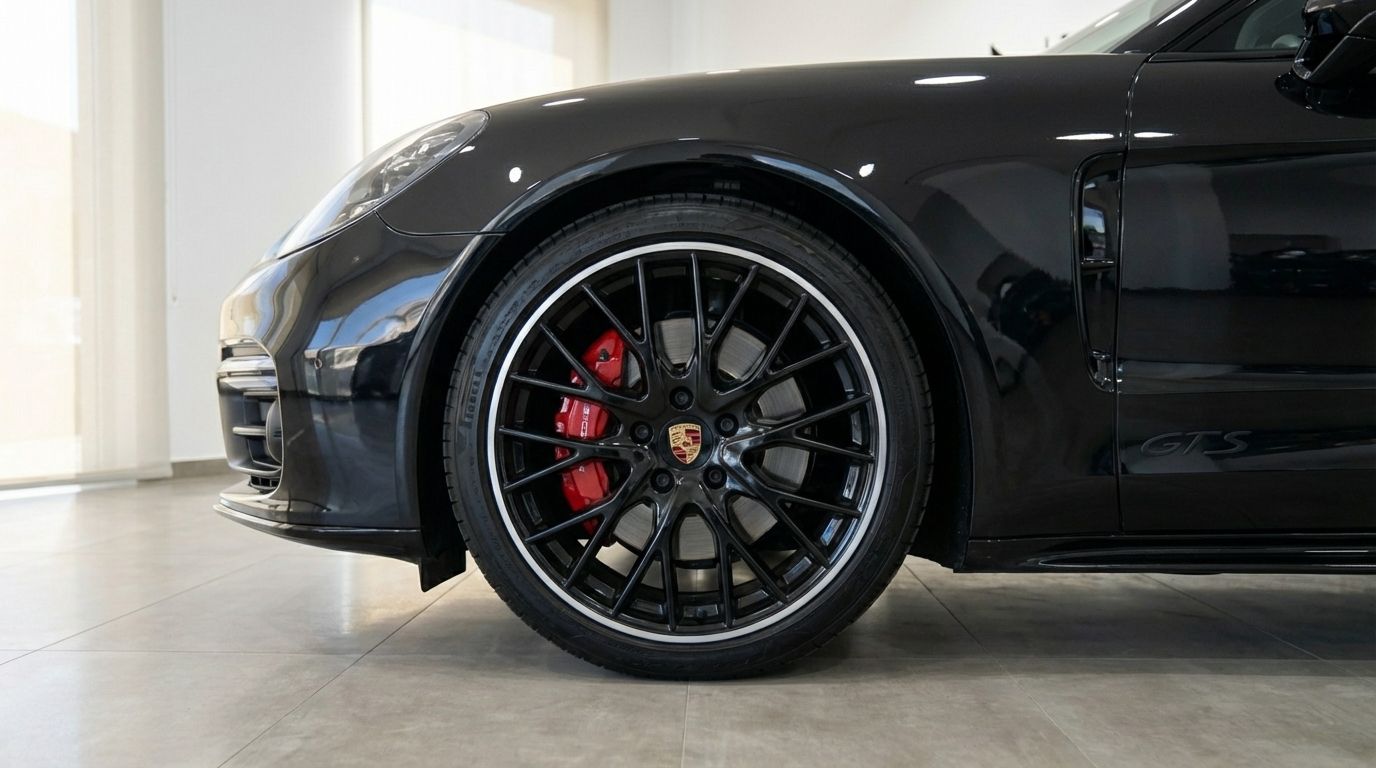 The front wheel of the black Porsche Panamera GTS in Alicante, showcasing its distinctive black multi-spoke rim and red brake calipers.