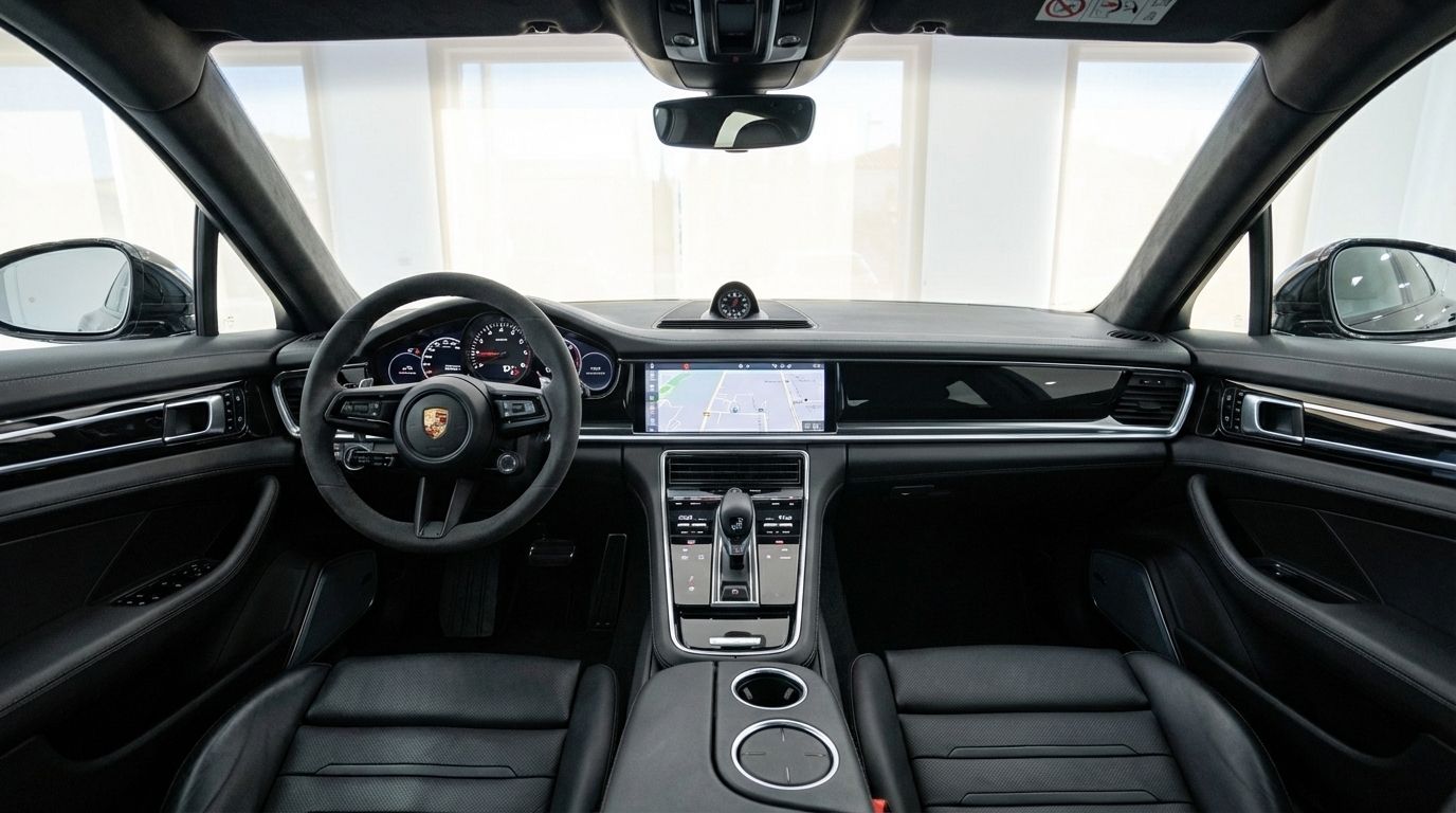 The luxurious black interior dashboard and cockpit of the Porsche Panamera GTS in Alicante, featuring a steering wheel, infotainment screen, and leather seats.