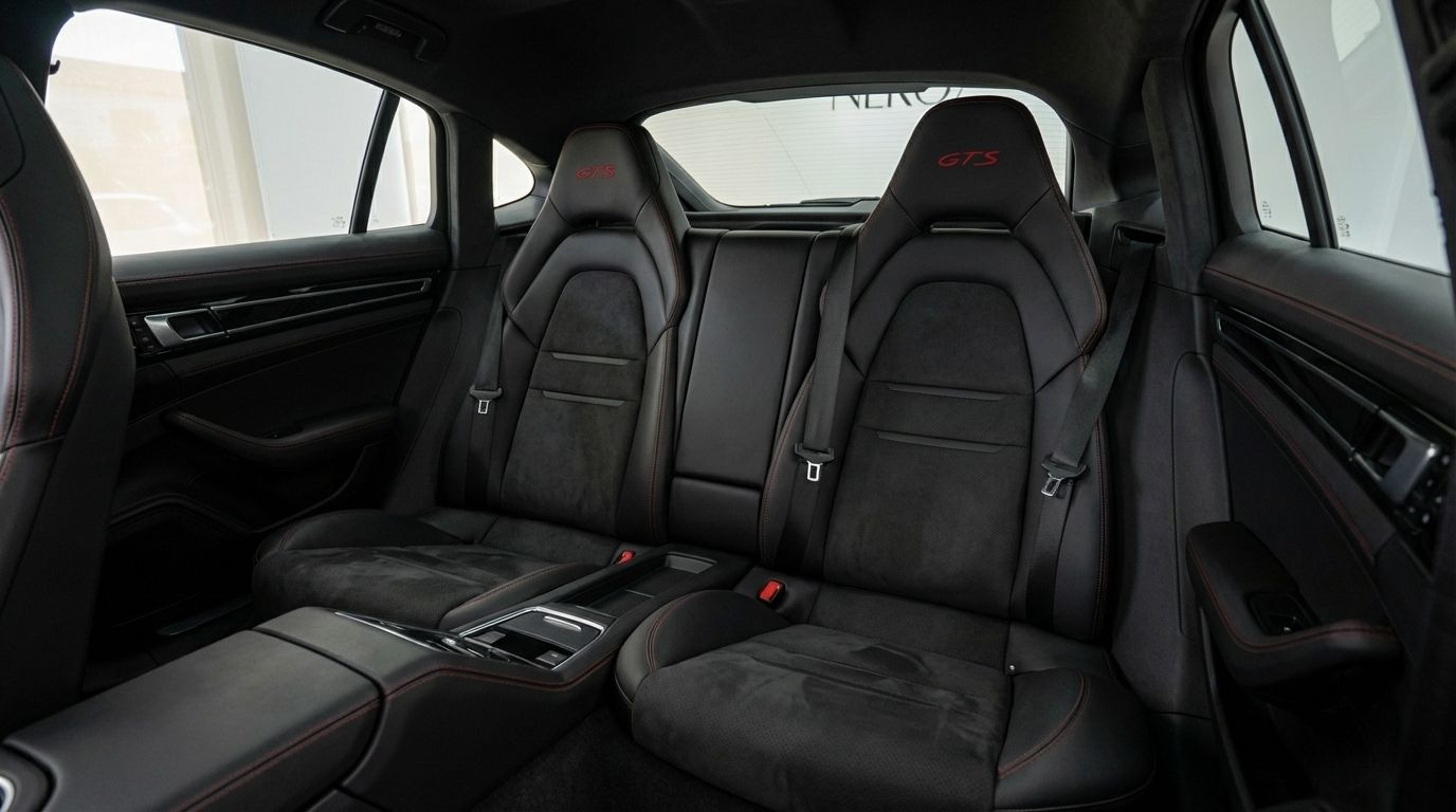 The luxurious rear interior of the Porsche Panamera GTS in Alicante, featuring black leather and Alcantara seats with red stitching and GTS logos.