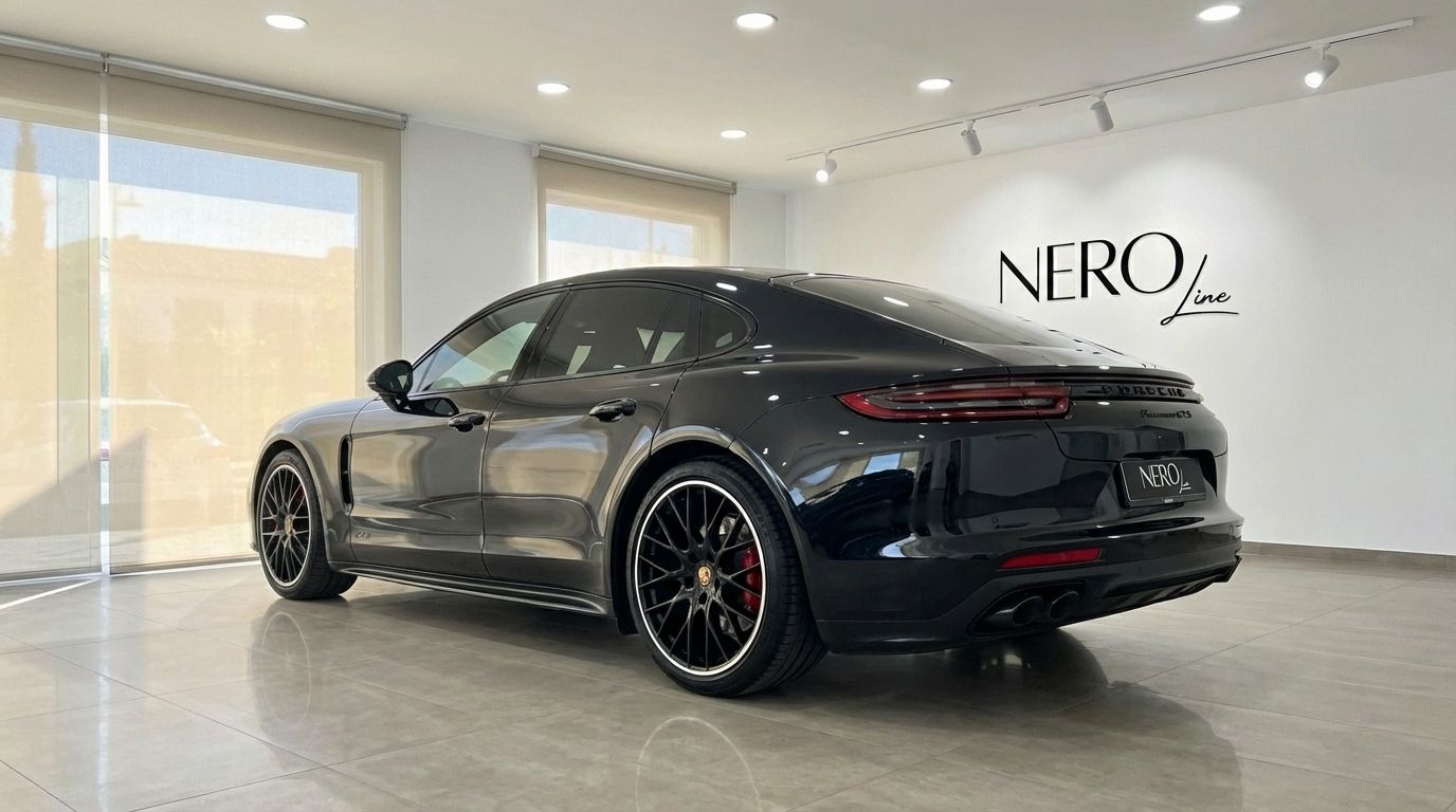 Black Porsche Panamera GTS, seen from the rear three-quarter angle in a showroom in Alicante, showcasing its sleek design.