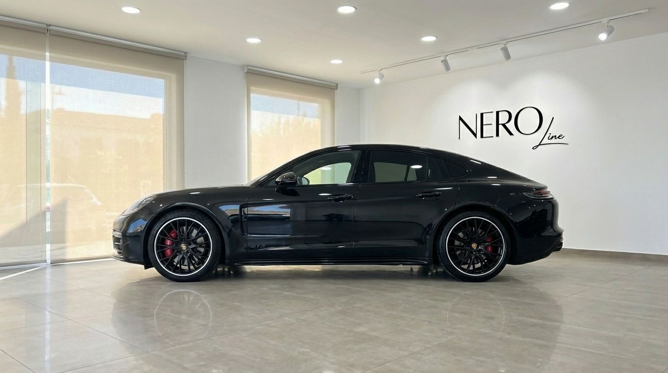 The black Porsche Panamera GTS is showcased in a showroom, revealing its sleek side profile in Alicante.