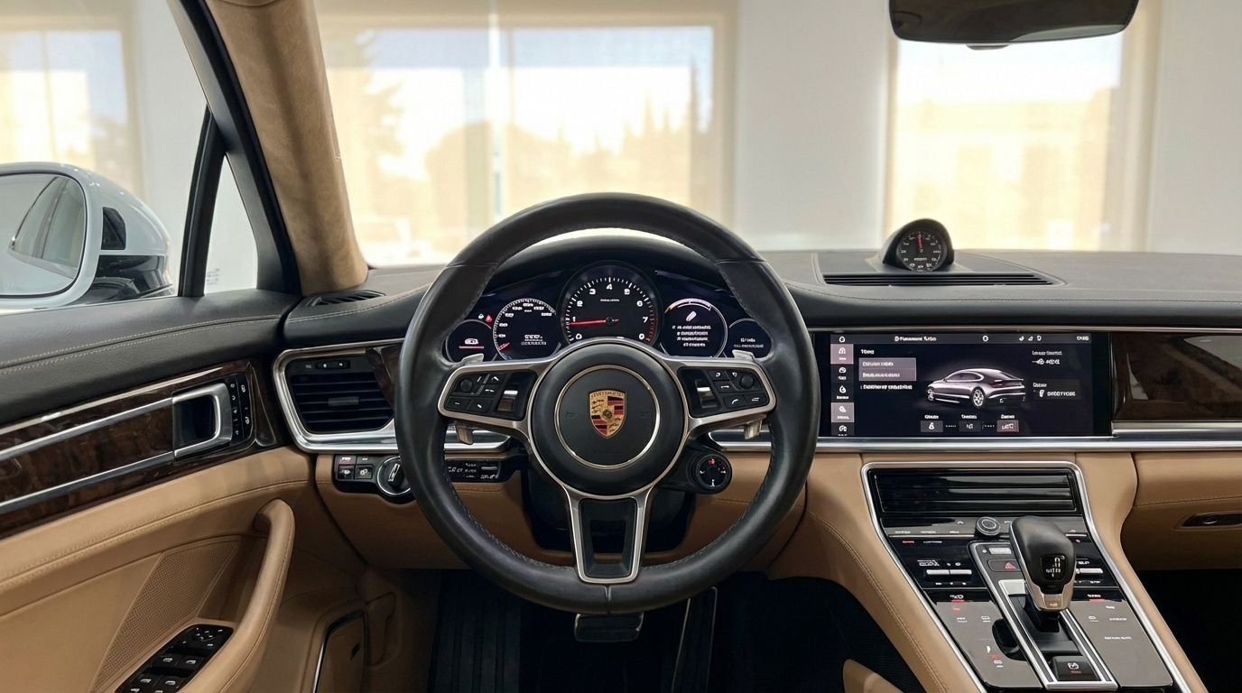 The luxurious interior of the Porsche Panamera Turbo S Hybrid in Alicante, featuring the steering wheel, digital dashboard, and infotainment screen.