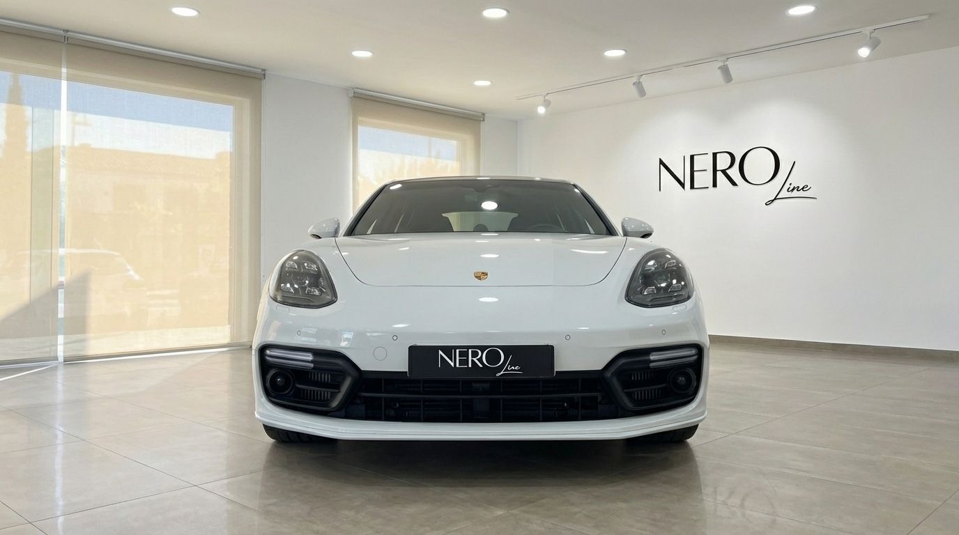 Front view of the white Porsche Panamera Turbo S Hybrid in a showroom in Alicante, showcasing its elegant design.