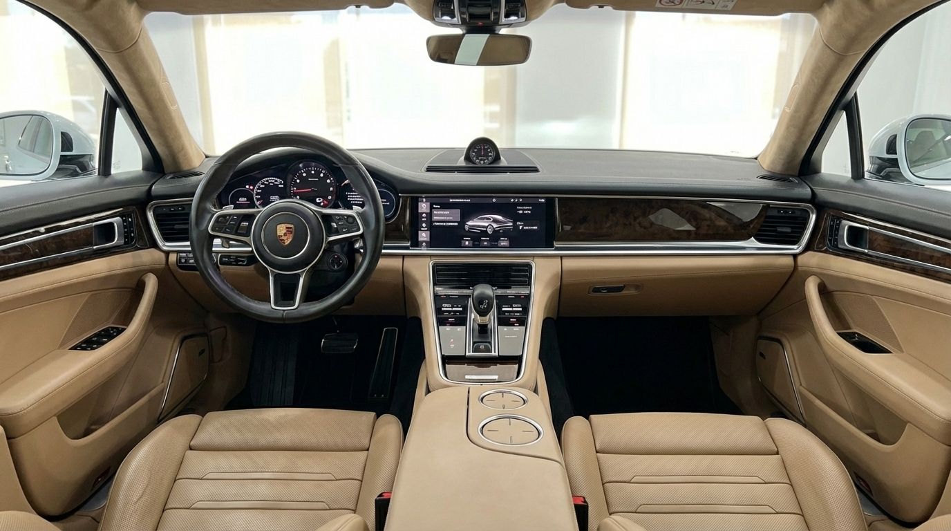 Porsche Panamera Turbo S Hybrid's tan leather interior in Alicante, showing dashboard, steering wheel, and infotainment screen.