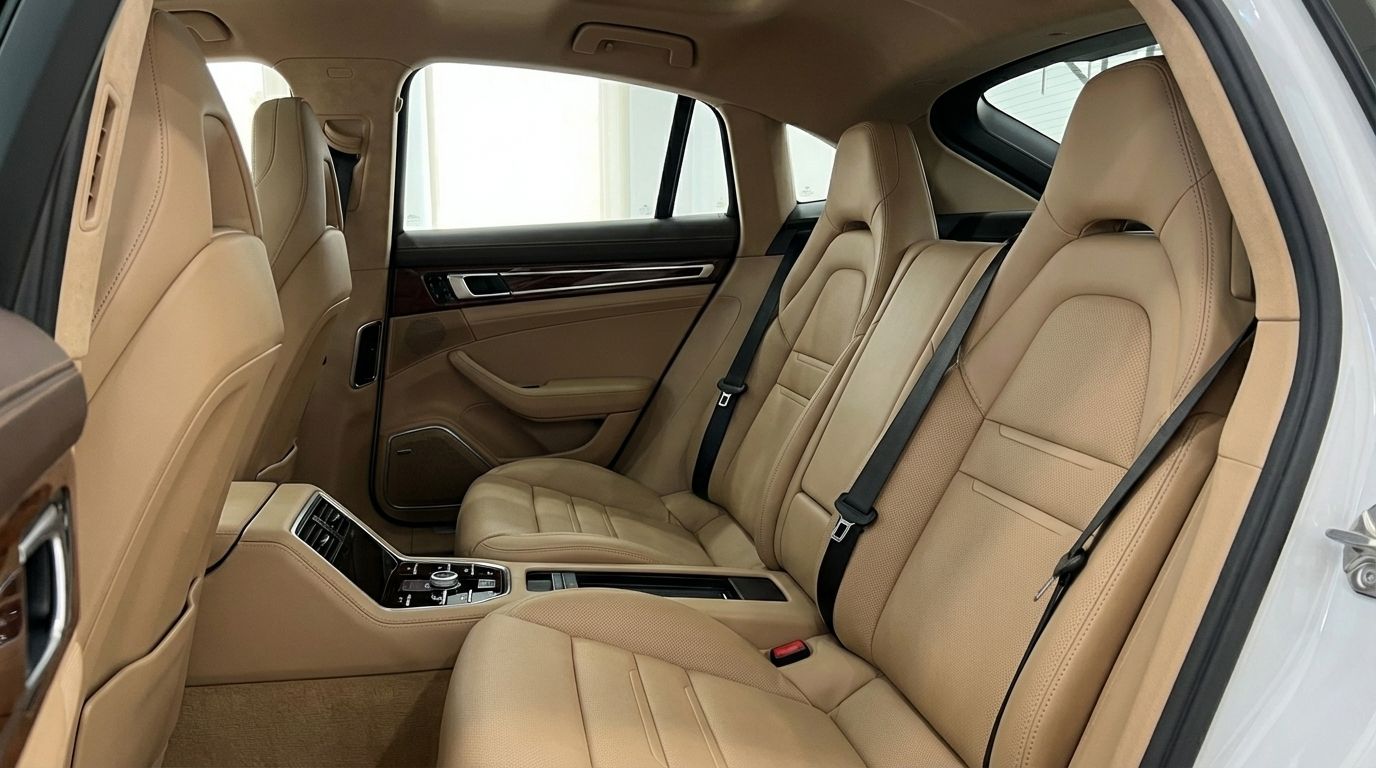 The luxurious tan leather rear seats and central console of the Porsche Panamera Turbo S Hybrid in Alicante.
