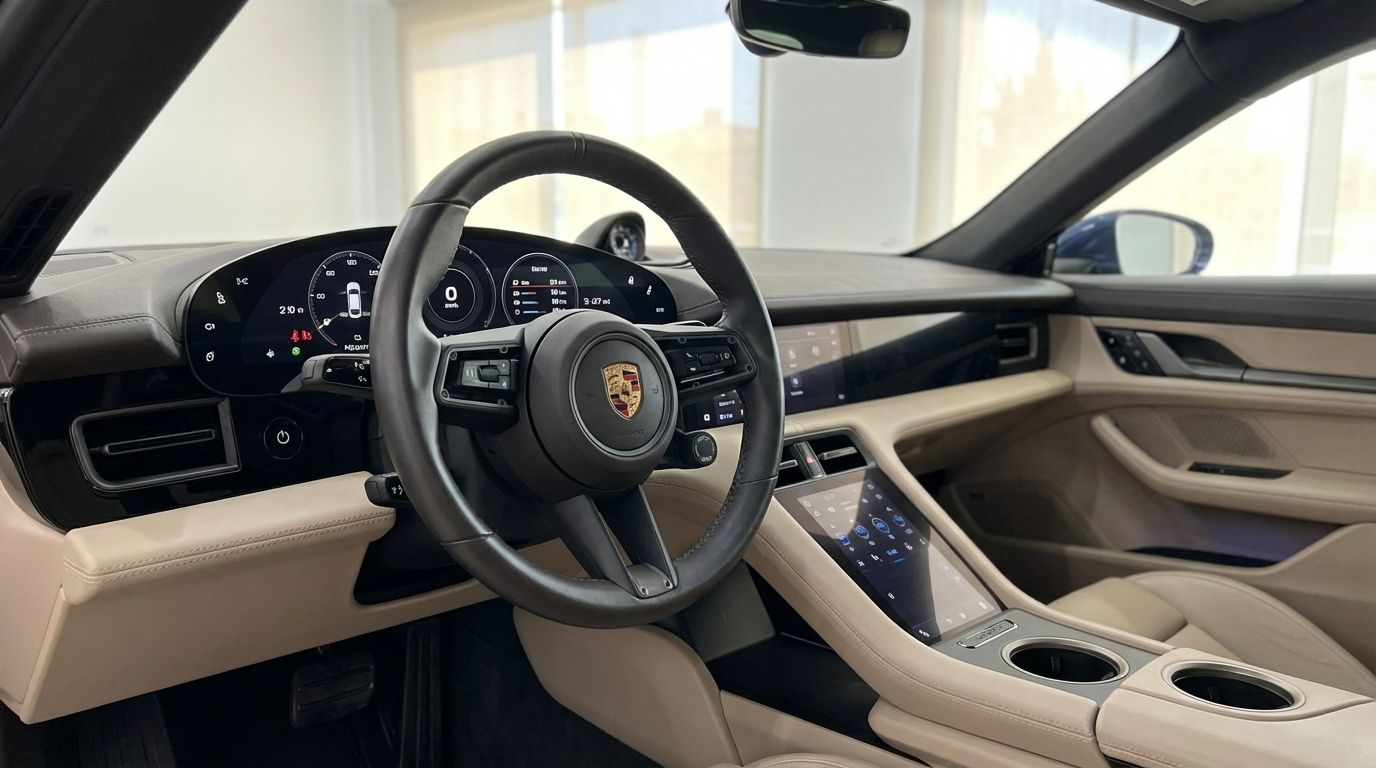 The luxurious interior of the Porsche Taycan 4S in Alicante, showing the steering wheel, digital dashboard, and central infotainment screen.