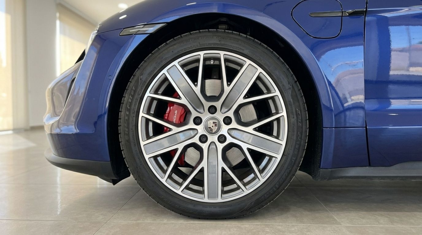 Close-up of the blue Porsche Taycan 4S's front wheel with multi-spoke rim and red brake calipers, in Alicante.