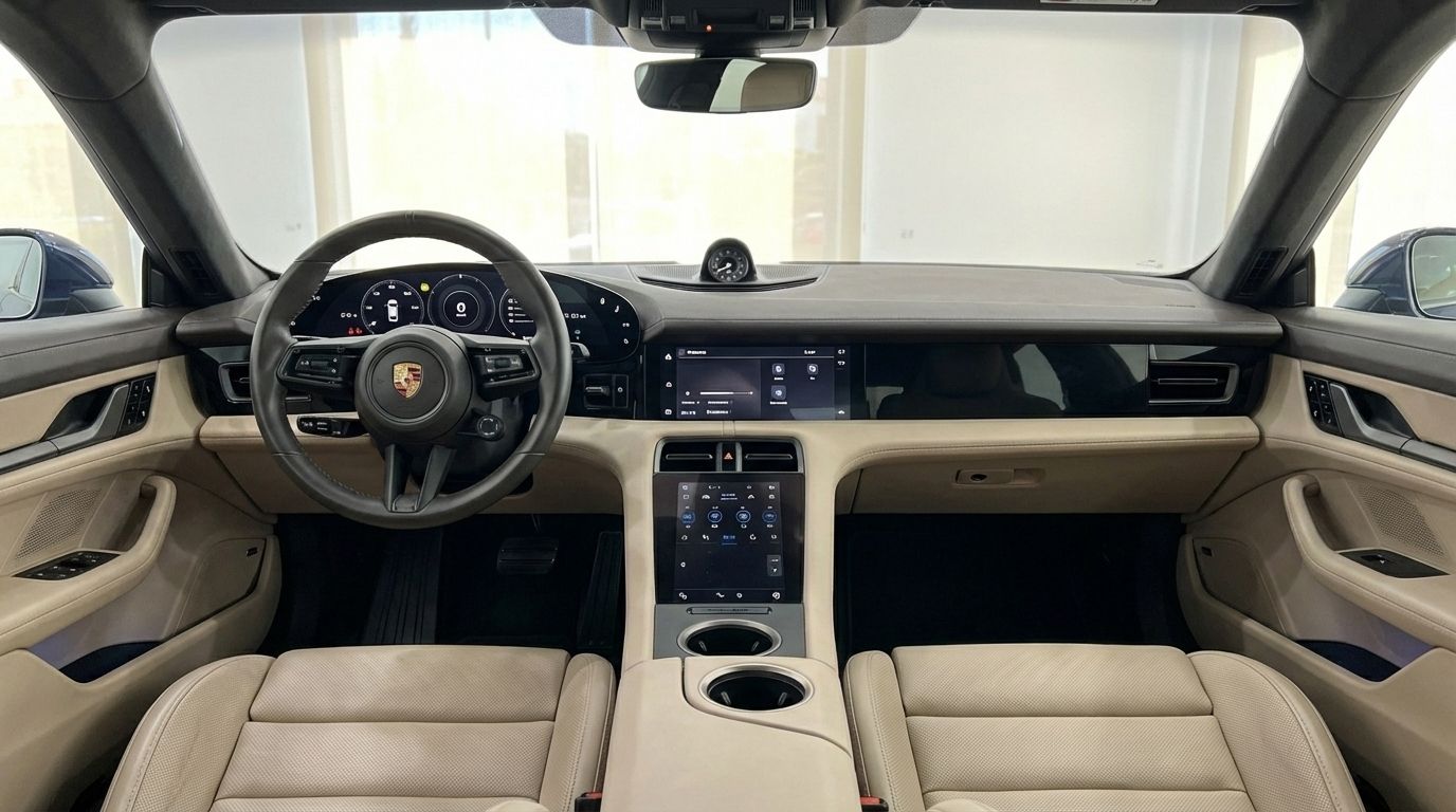The luxurious interior of the Porsche Taycan 4S, featuring its dashboard, steering wheel, and beige leather seats in Alicante.