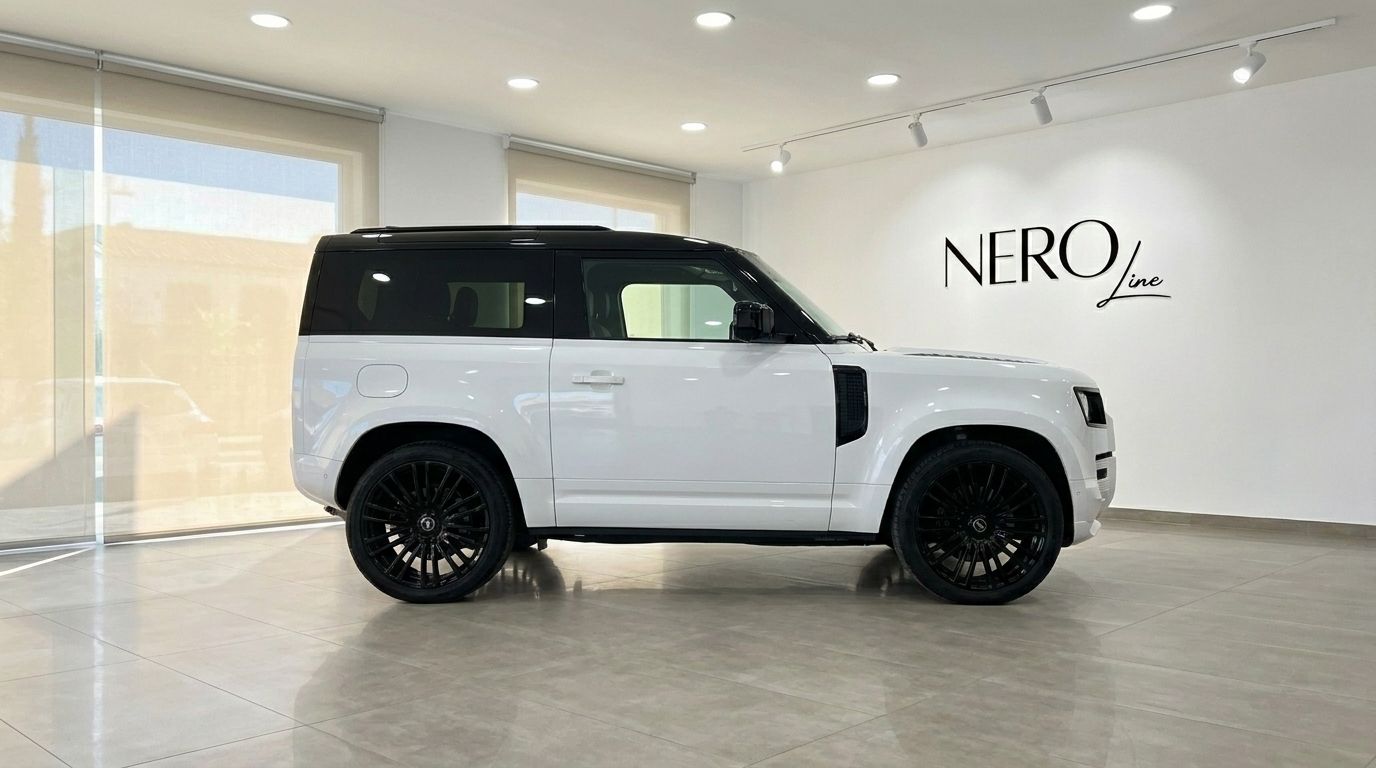 Der weiße Range Rover Defender 90 Startech Edition mit schwarzem Dach und Felgen wird seitlich in einem Marbella Showroom gezeigt.